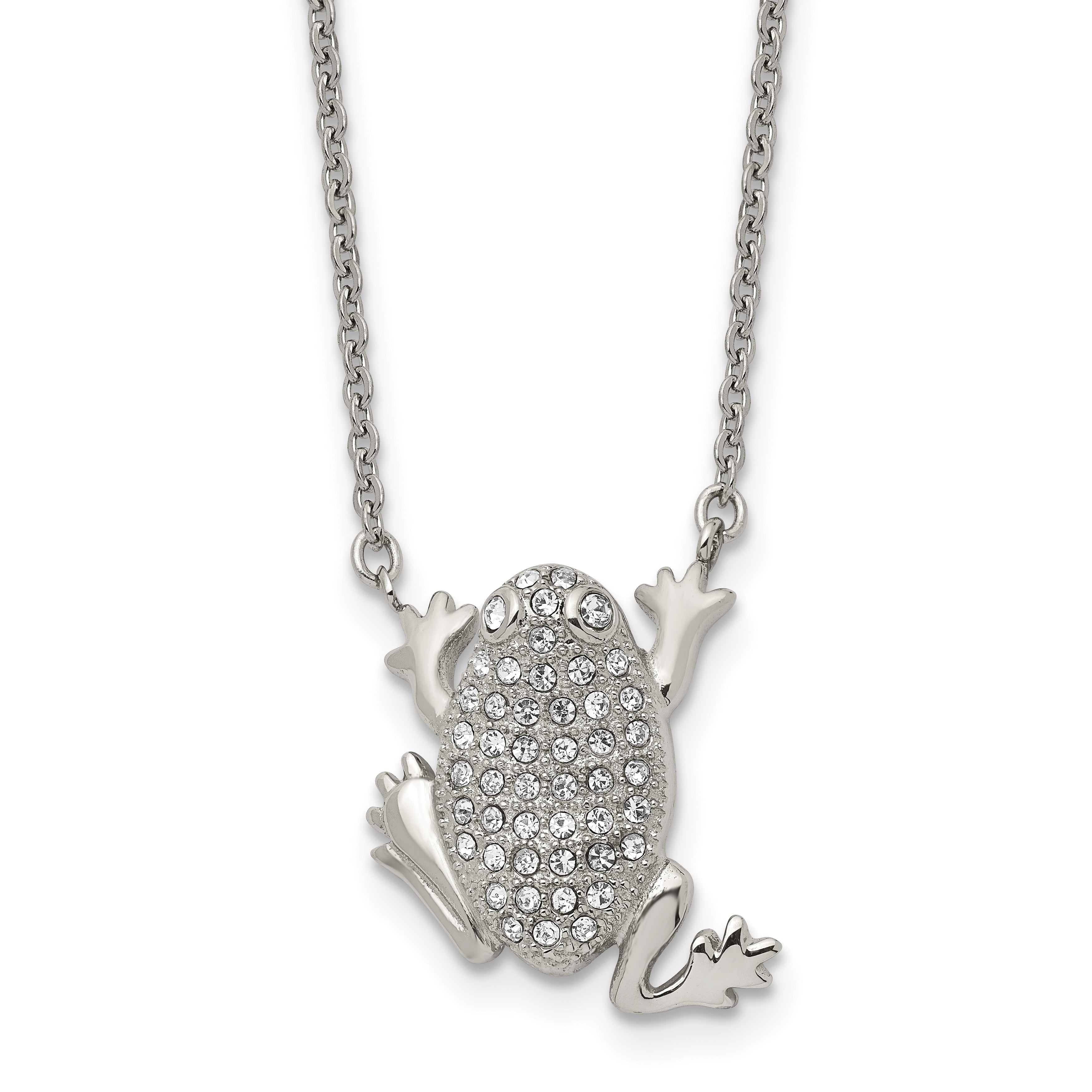 Stainless Steel Polished w/Preciosa Crystal Frog 16in w/2in ext Necklace