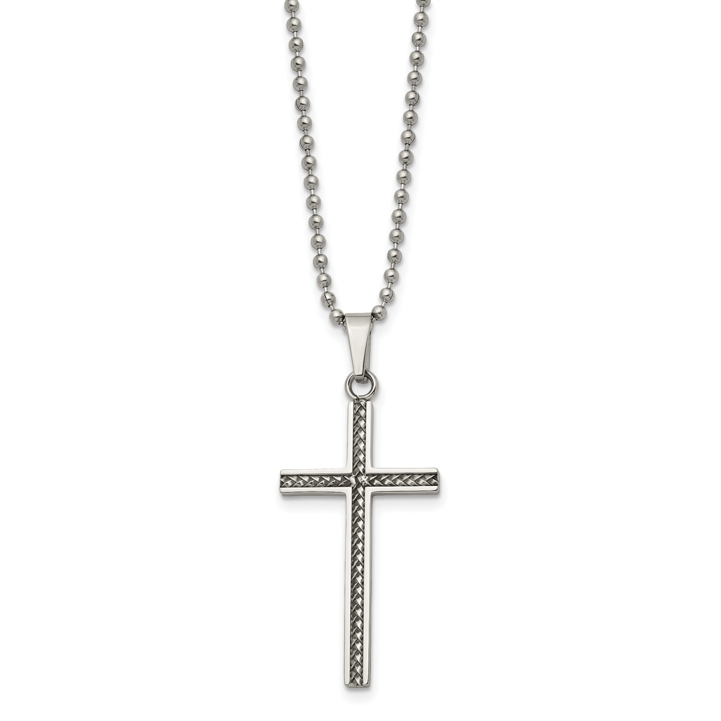 Chisel Stainless Steel Polished and Textured Braided Design Cross Pendant on a 20 inch Ball Chain Necklace