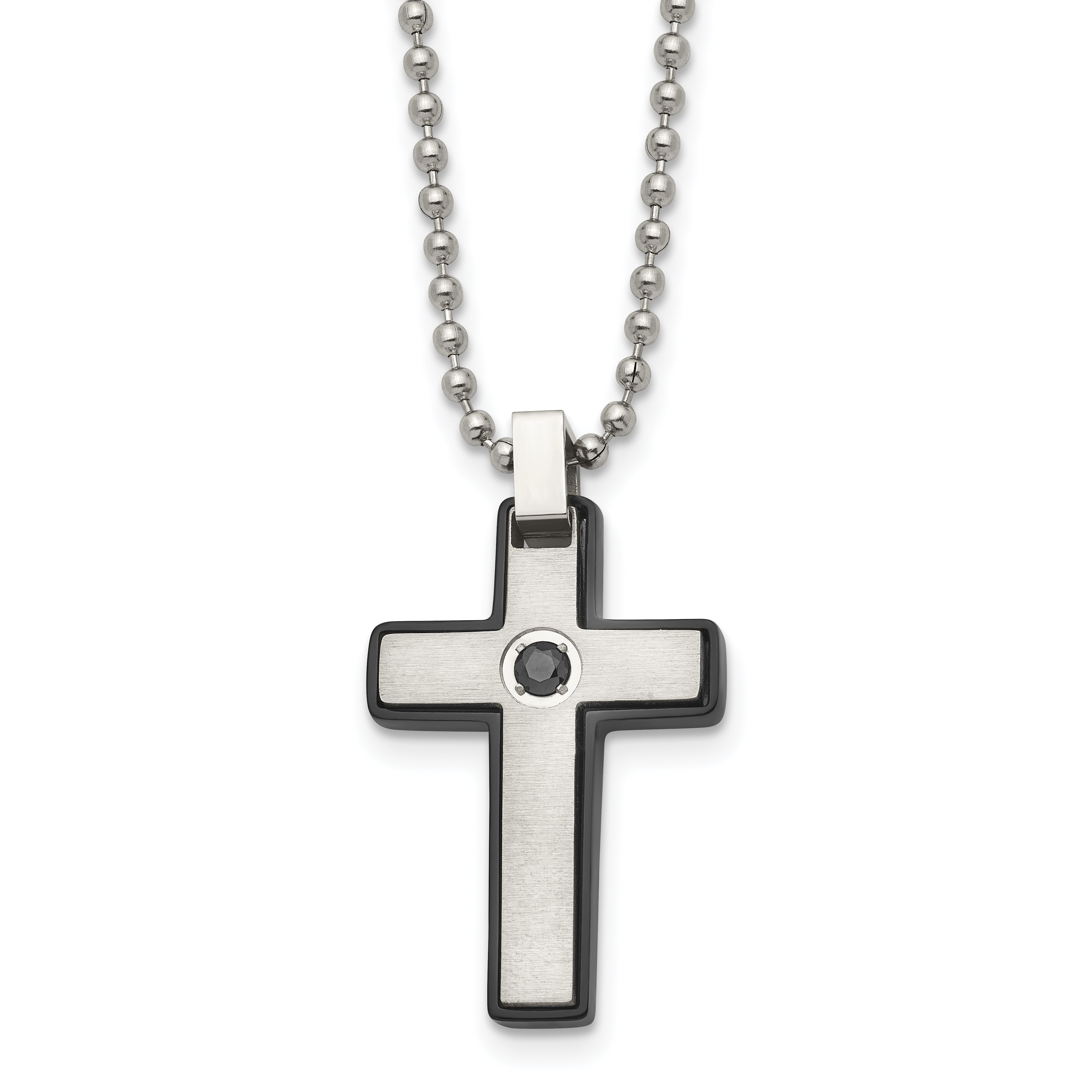 Chisel Stainless Steel Brushed and Polished Black IP-plated CZ Cross Pendant on a 20 inch Ball Chain Necklace Main image