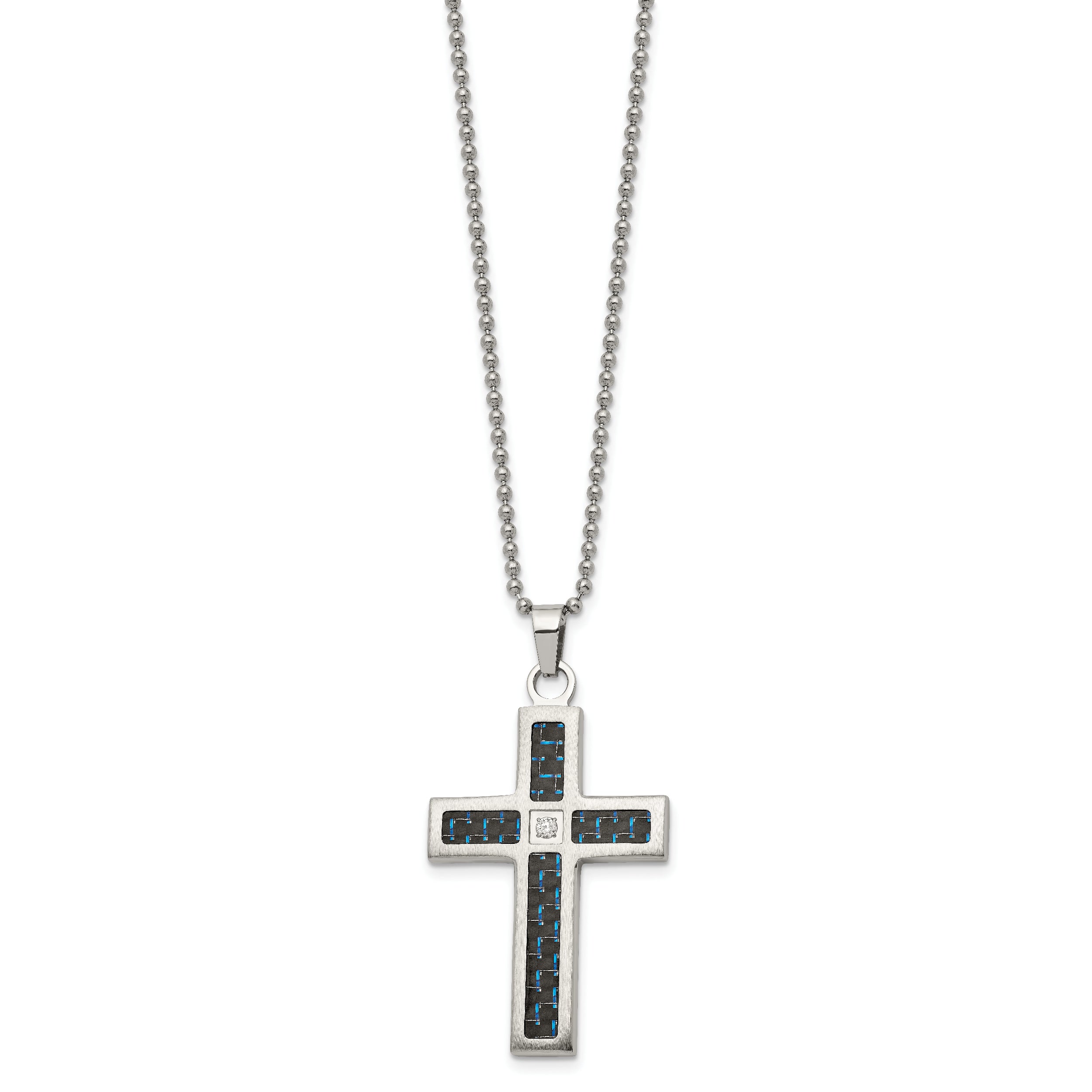 Chisel Stainless Steel Brushedand Polished Black and Blue Carbon Fiber Inlay with CZ Cross Pendant on a 22 inch Ball Chain Necklace