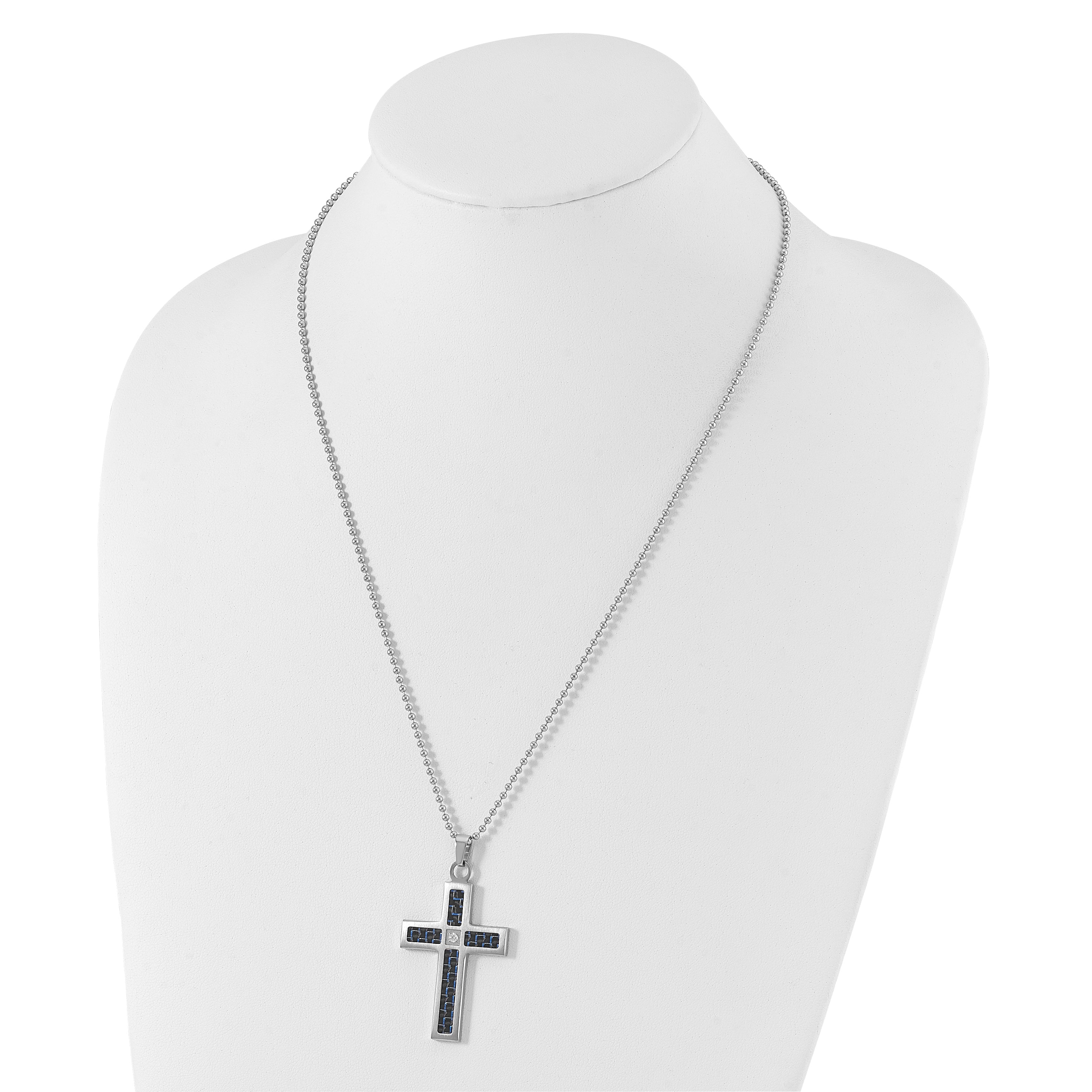 Chisel Stainless Steel Brushedand Polished Black and Blue Carbon Fiber Inlay with CZ Cross Pendant on a 22 inch Ball Chain Necklace