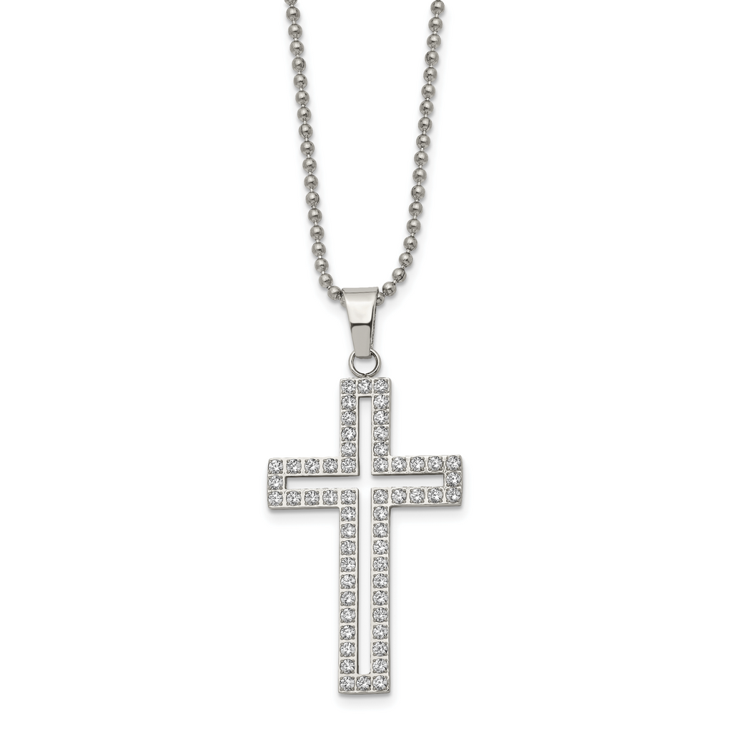 Chisel Stainless Steel Polished with CZ CutoutCross Pendant on a 22 inch Ball Chain Necklace