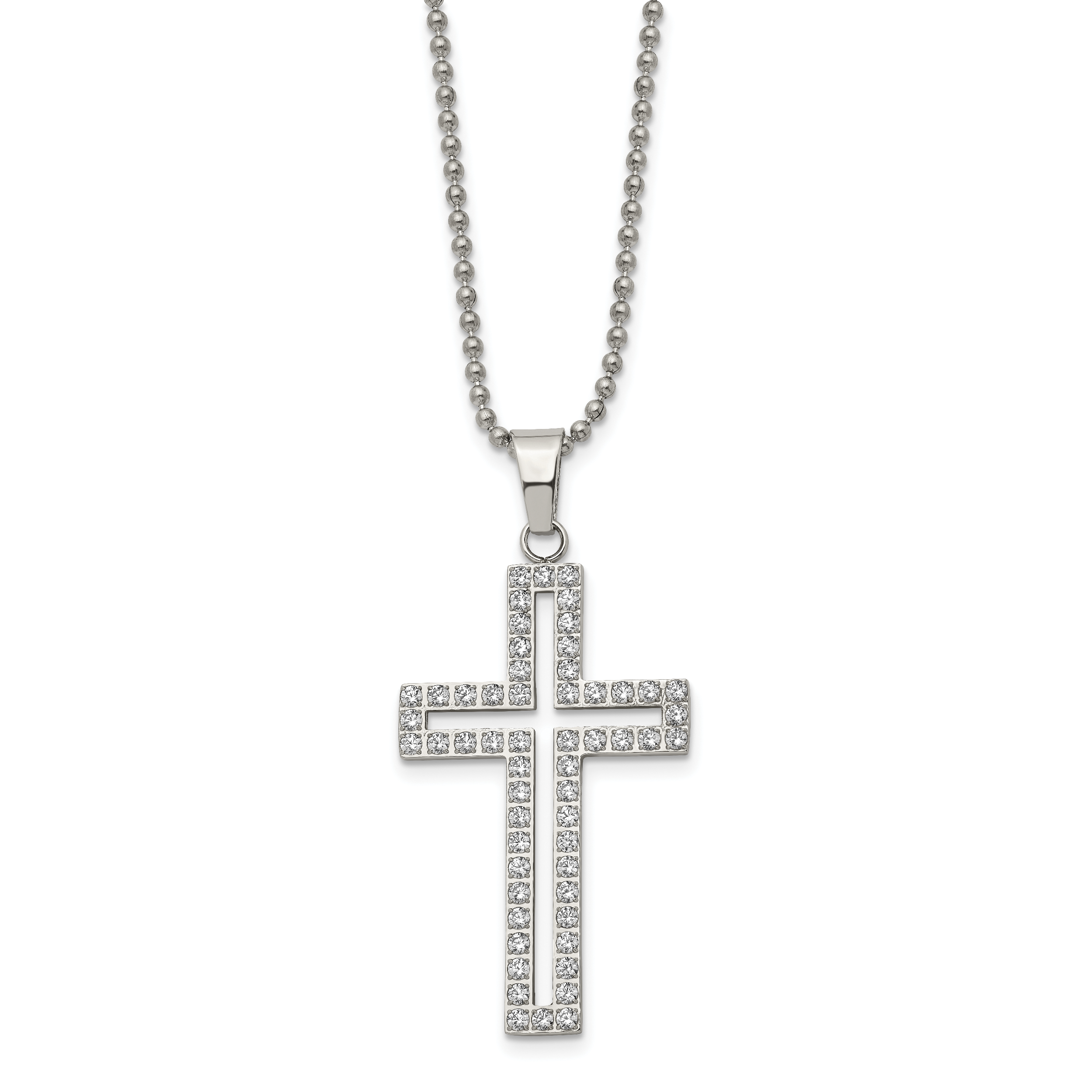 Chisel Stainless Steel Polished with CZ CutoutCross Pendant on a 22 inch Ball Chain Necklace