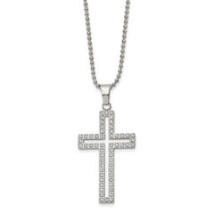 Chisel Stainless Steel Polished with CZ CutoutCross Pendant on a 22 inch Ball Chain Necklace