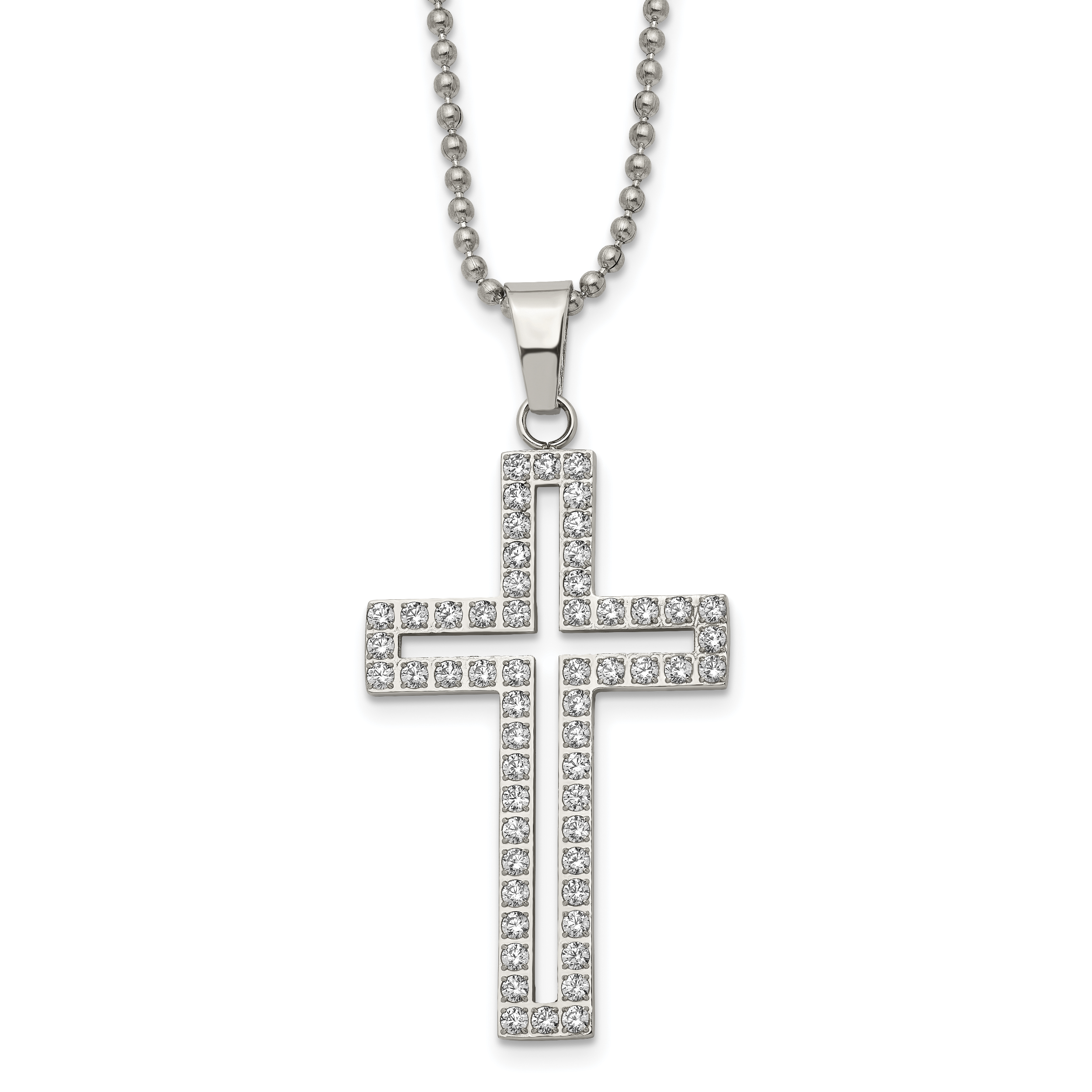 Chisel Stainless Steel Polished with CZ CutoutCross Pendant on a 22 inch Ball Chain Necklace Main image