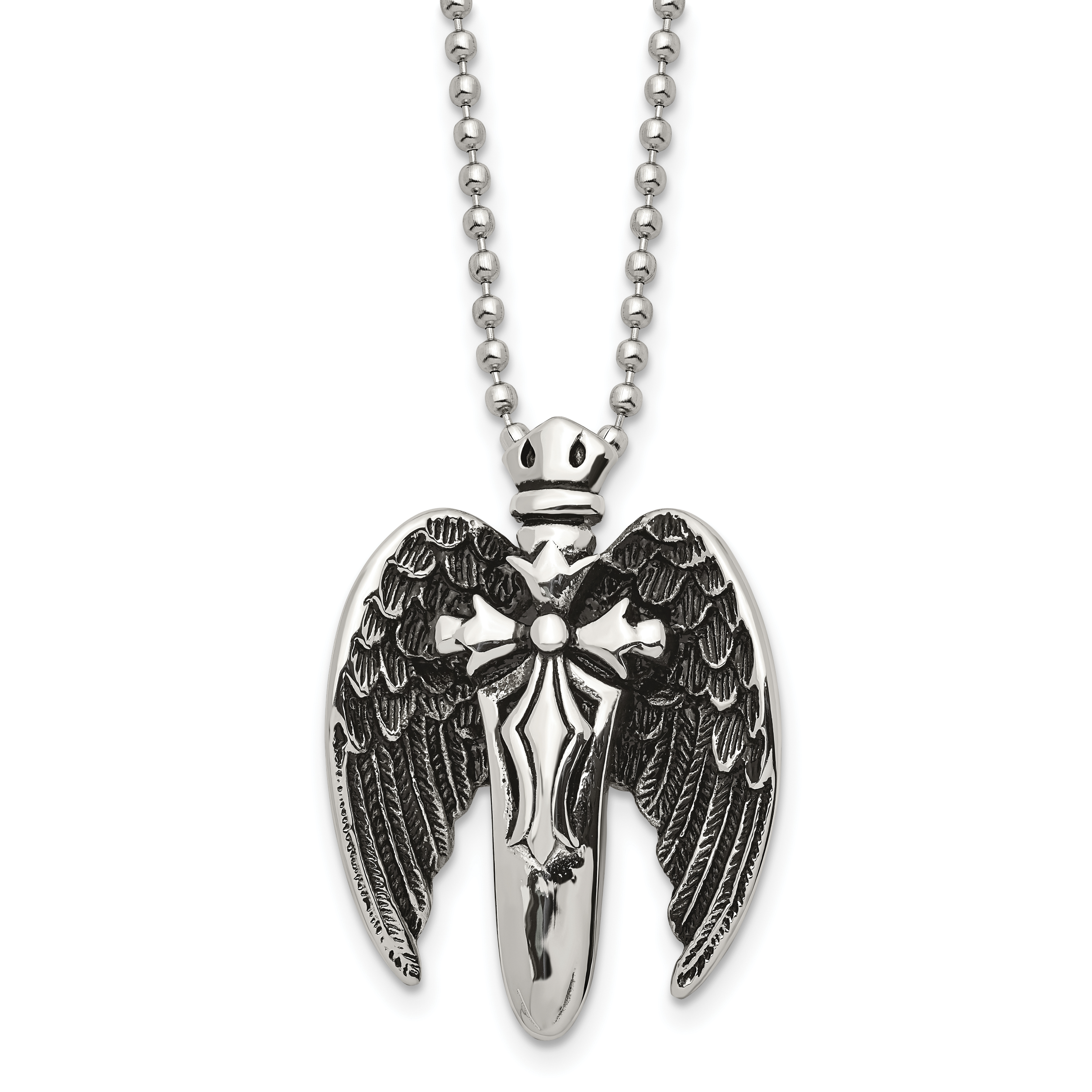 Chisel Stainless Steel Antiqued Brushed and Polished Winged Sword Pendant on a 22 inch Ball Chain Necklace Main image