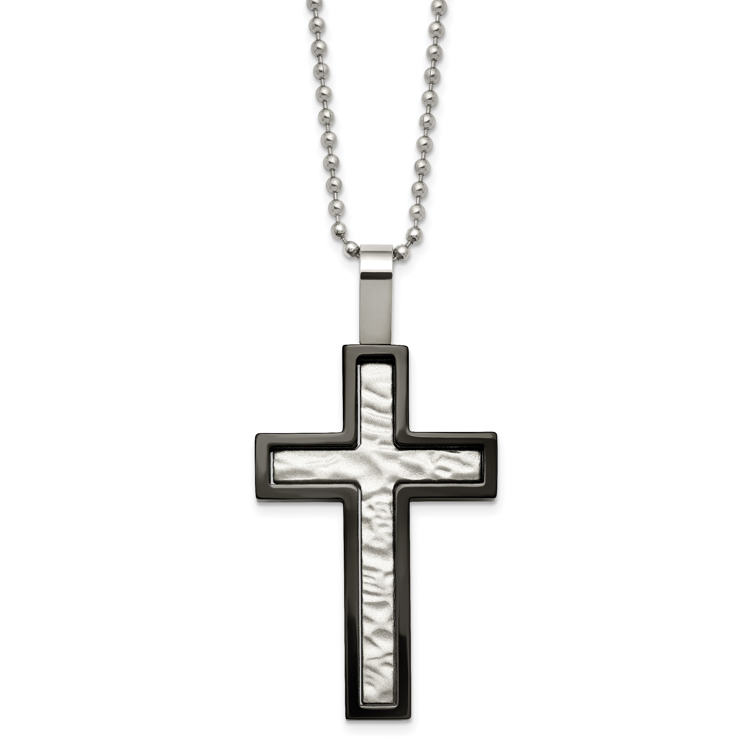 Chisel Stainless Steel Brushed and Polished Hammered Black IP-plated Cross Pendant on a 24 inch Ball Chain Necklace Main image