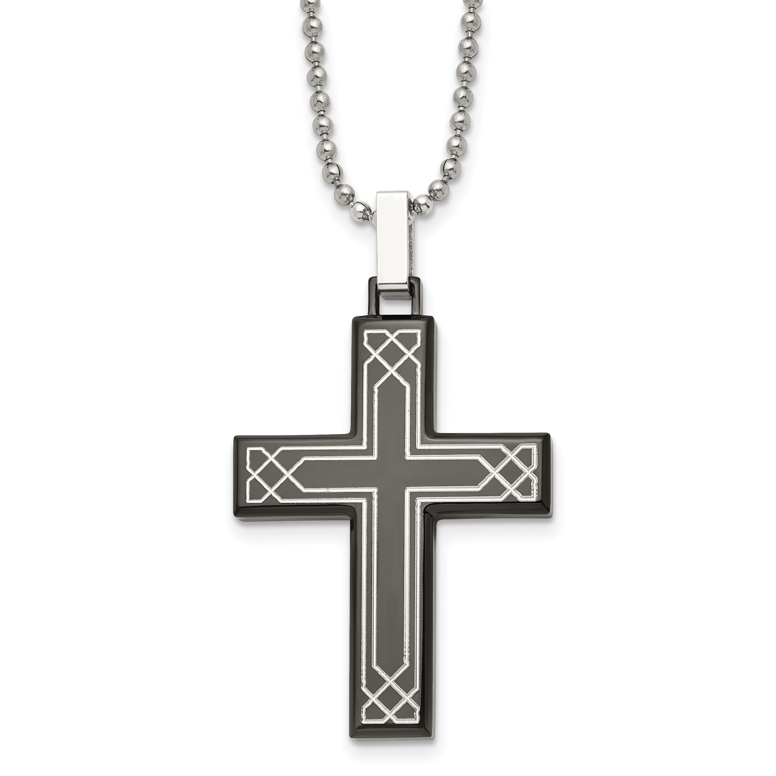 Chisel Stainless Steel Polished Laser Etched Black IP-plated Cross Pendant on a 24 inch Ball Chain Necklace Main image