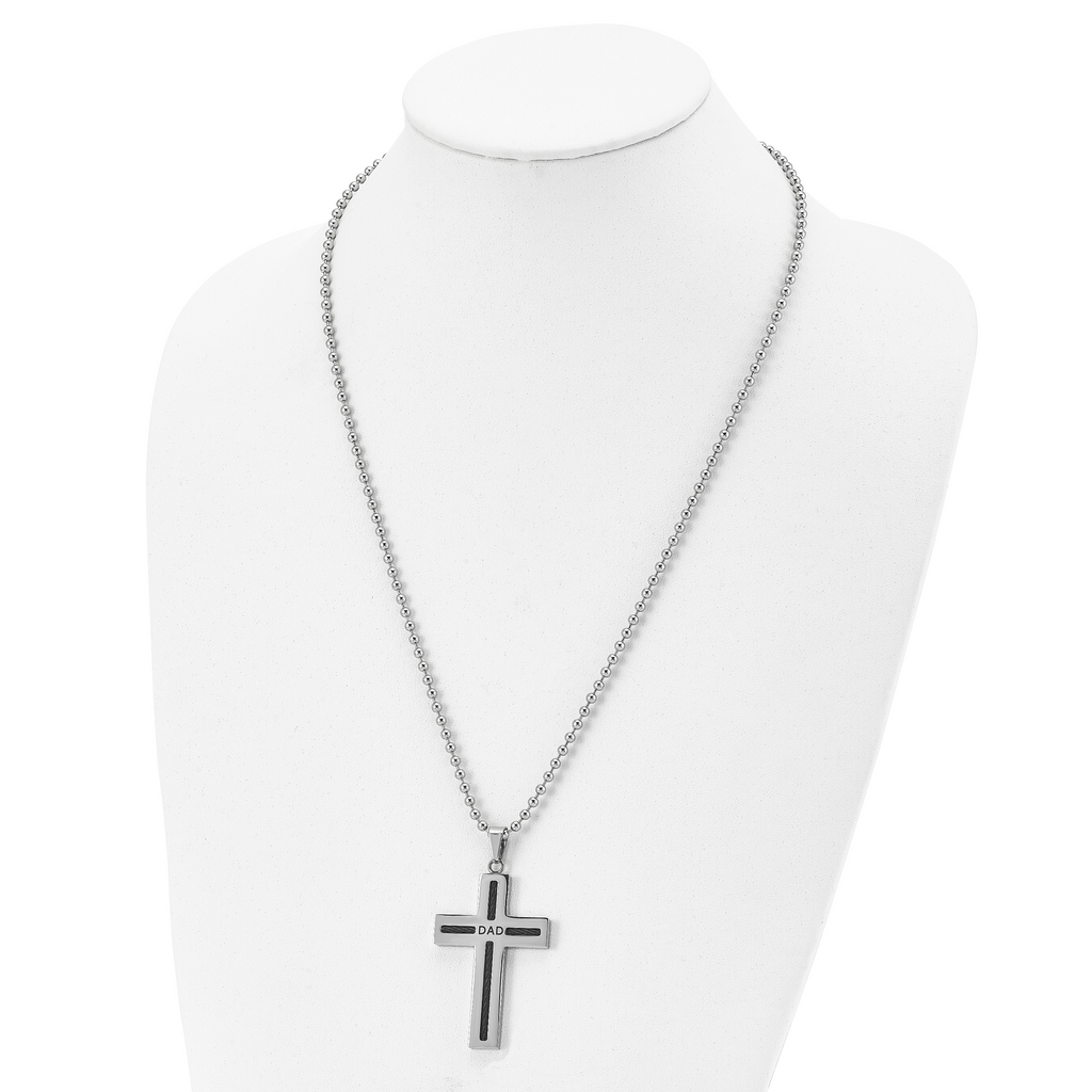 Chisel Stainless Steel Polished Black IP-plated Cable DAD Cross Pendant on a 24 inch Ball Chain Necklace