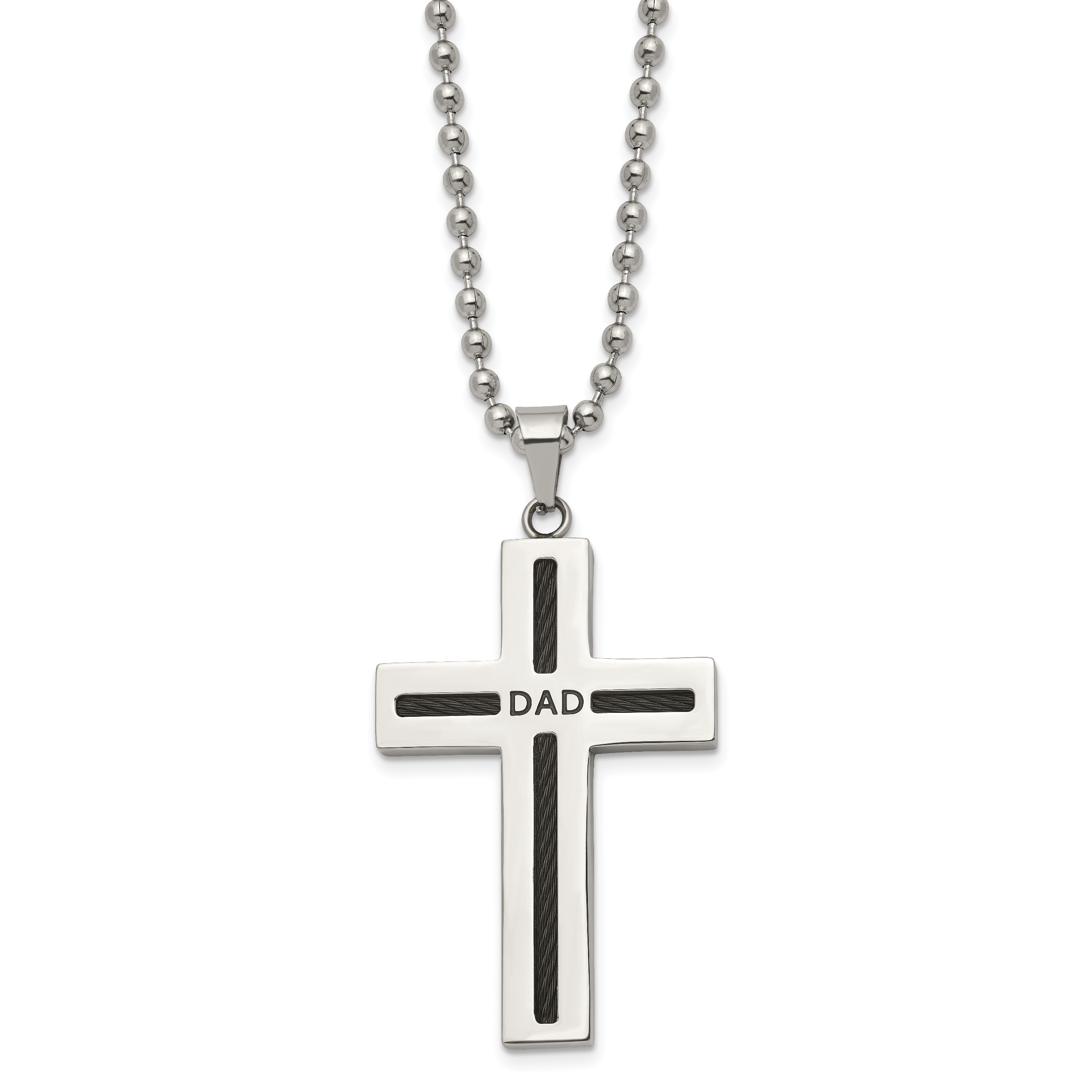Chisel Stainless Steel Polished Black IP-plated Cable DAD Cross Pendant on a 24 inch Ball Chain Necklace Main image
