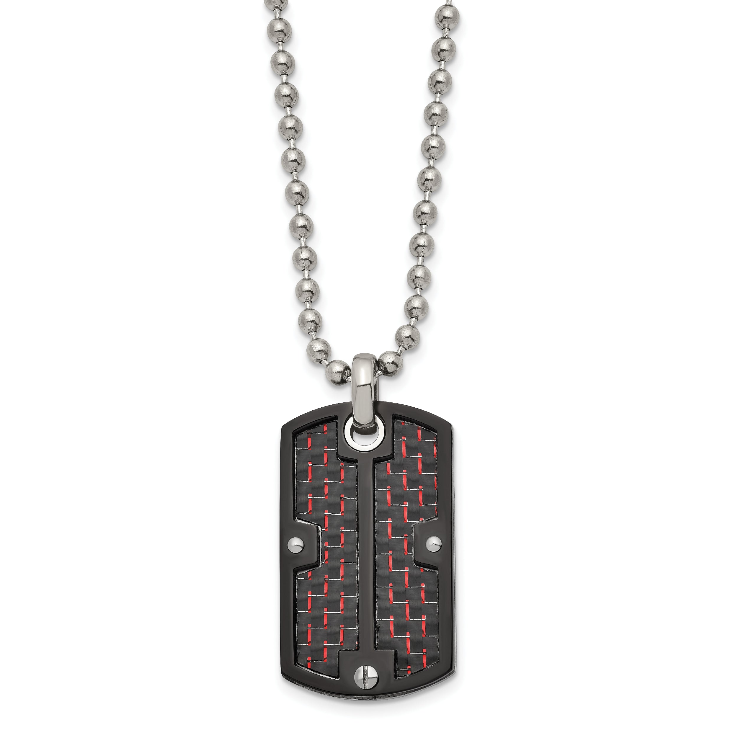 Chisel Stainless Steel Polished Black IP-plated with Black and Red Carbon Fiber Inlay Dog Tag on a 24 inch Ball Chain Necklace