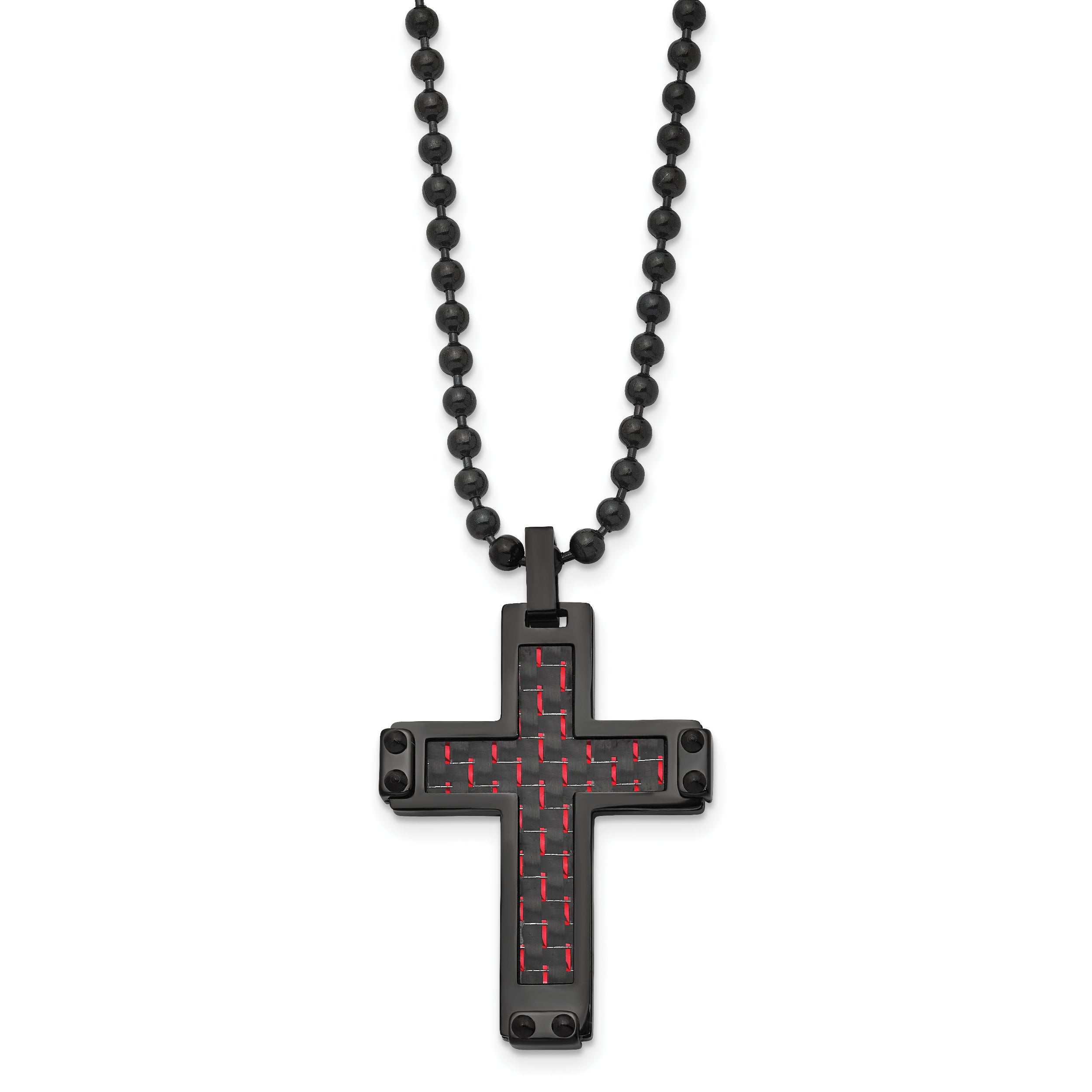 Chisel Stainless Steel Polished Black IP-plated with  Black and Red Carbon Fiber Inlay Cross Pendant on a 22 inch Ball Chain Necklace