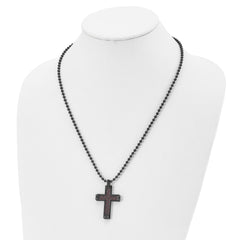 Chisel Stainless Steel Polished Black IP-plated with  Black and Red Carbon Fiber Inlay Cross Pendant on a 22 inch Ball Chain Necklace