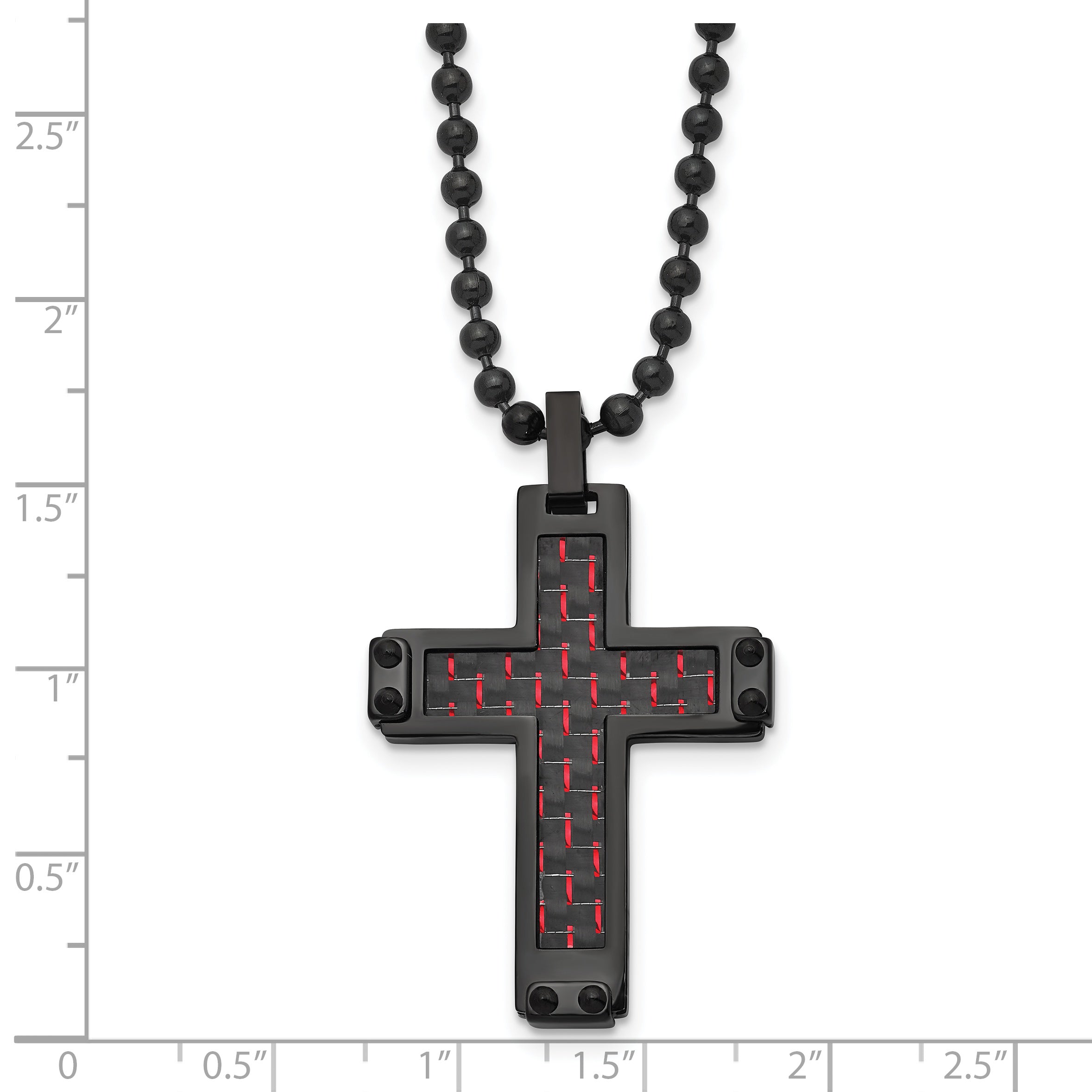 Chisel Stainless Steel Polished Black IP-plated with  Black and Red Carbon Fiber Inlay Cross Pendant on a 22 inch Ball Chain Necklace