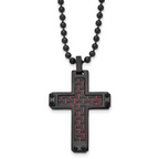 Chisel Stainless Steel Polished Black IP-plated with  Black and Red Carbon Fiber Inlay Cross Pendant on a 22 inch Ball Chain Necklace