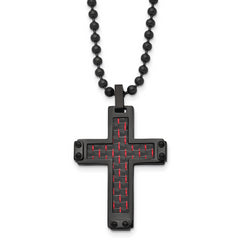 Chisel Stainless Steel Polished Black IP-plated with  Black and Red Carbon Fiber Inlay Cross Pendant on a 22 inch Ball Chain Necklace