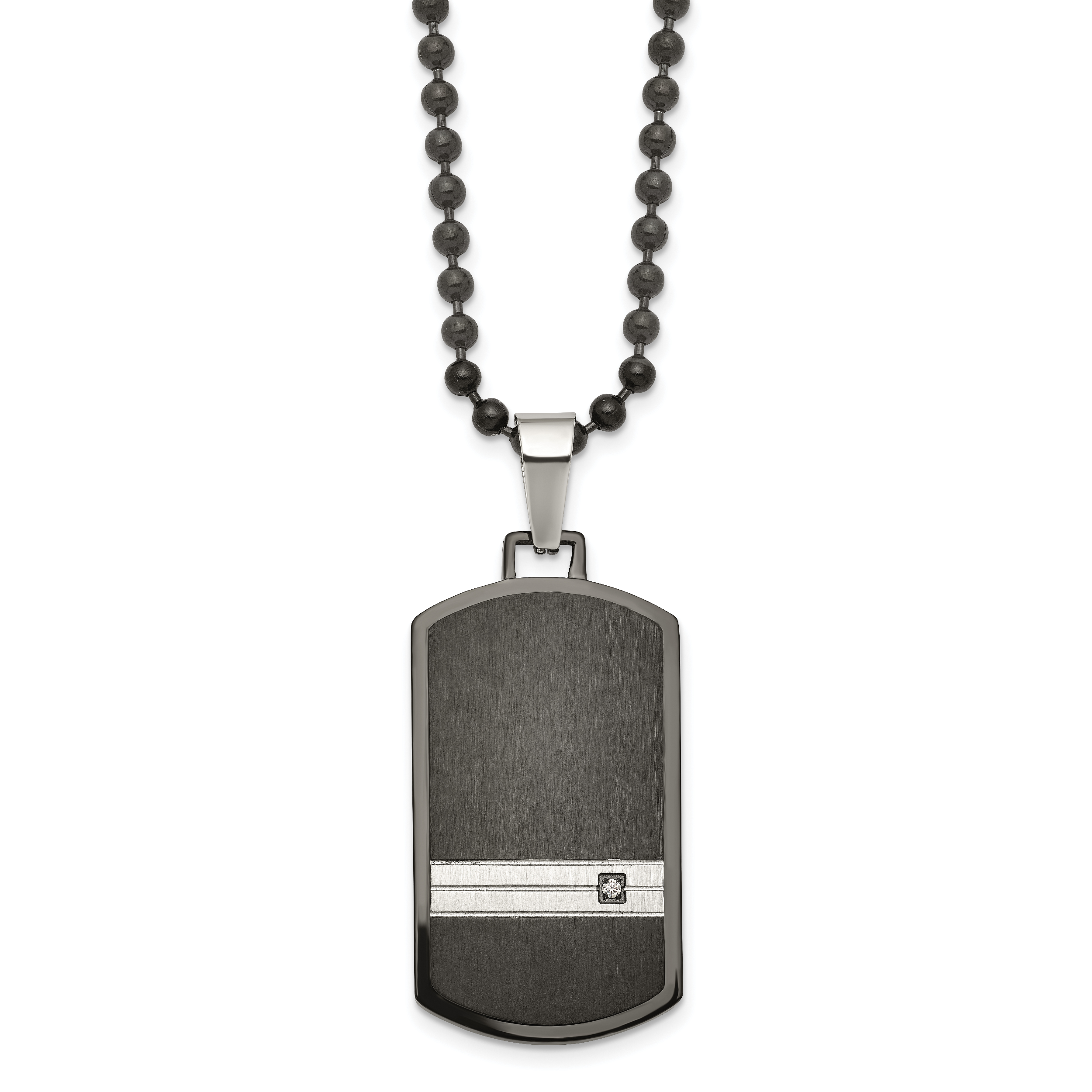 Chisel Stainless Steel Brushed and Polished Black IP-plated with CZ Dog Tag on a 24 inch Ball Chain Necklace
