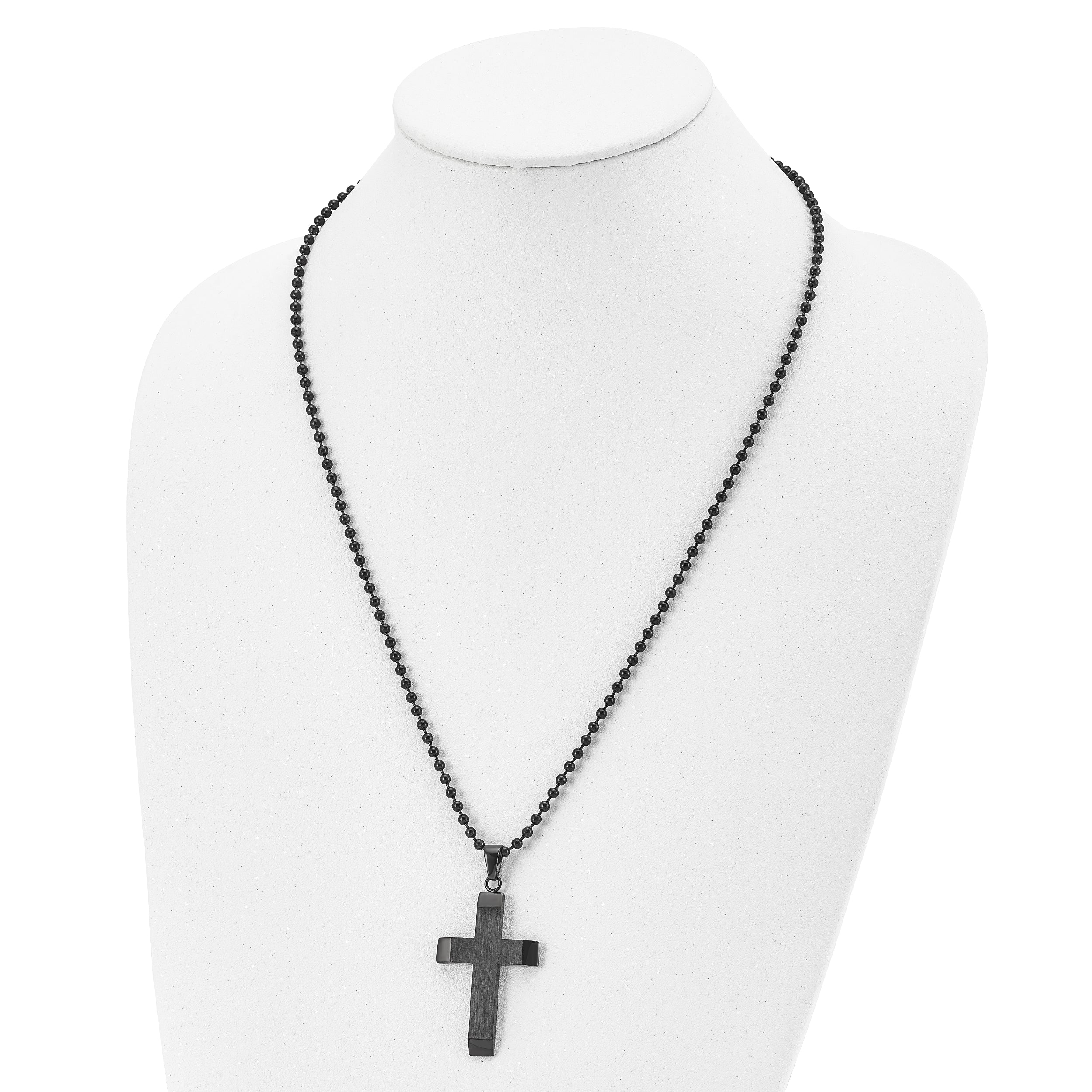 Chisel Stainless Steel Brushed and Polished Black IP-plated Cross Pendant on a 24 inch Ball Chain Necklace