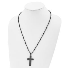 Chisel Stainless Steel Brushed and Polished Black IP-plated Cross Pendant on a 24 inch Ball Chain Necklace