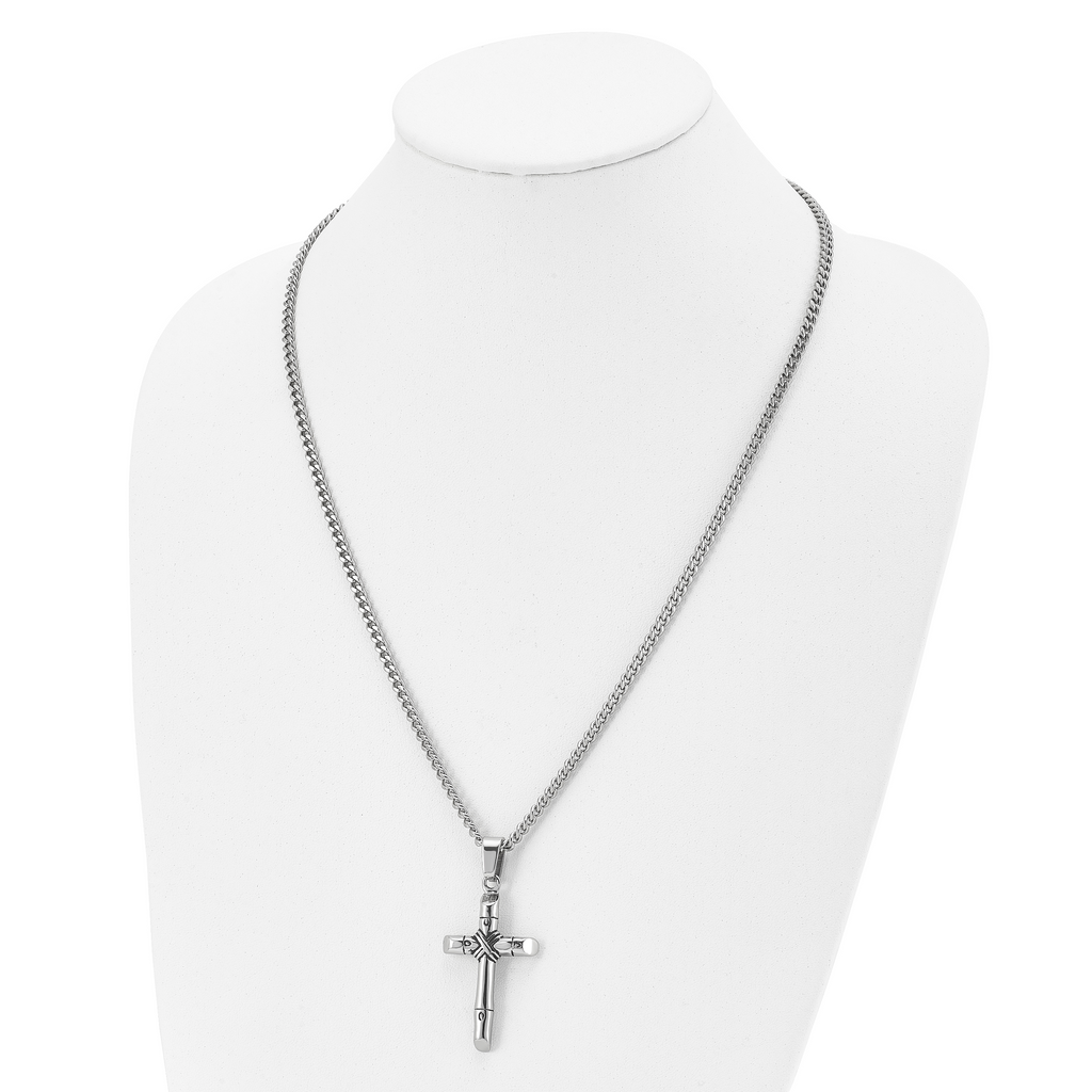 Chisel Stainless Steel Antiqued and Polished Reversible Cross Pendant on a 24 inch Curb Chain Necklace