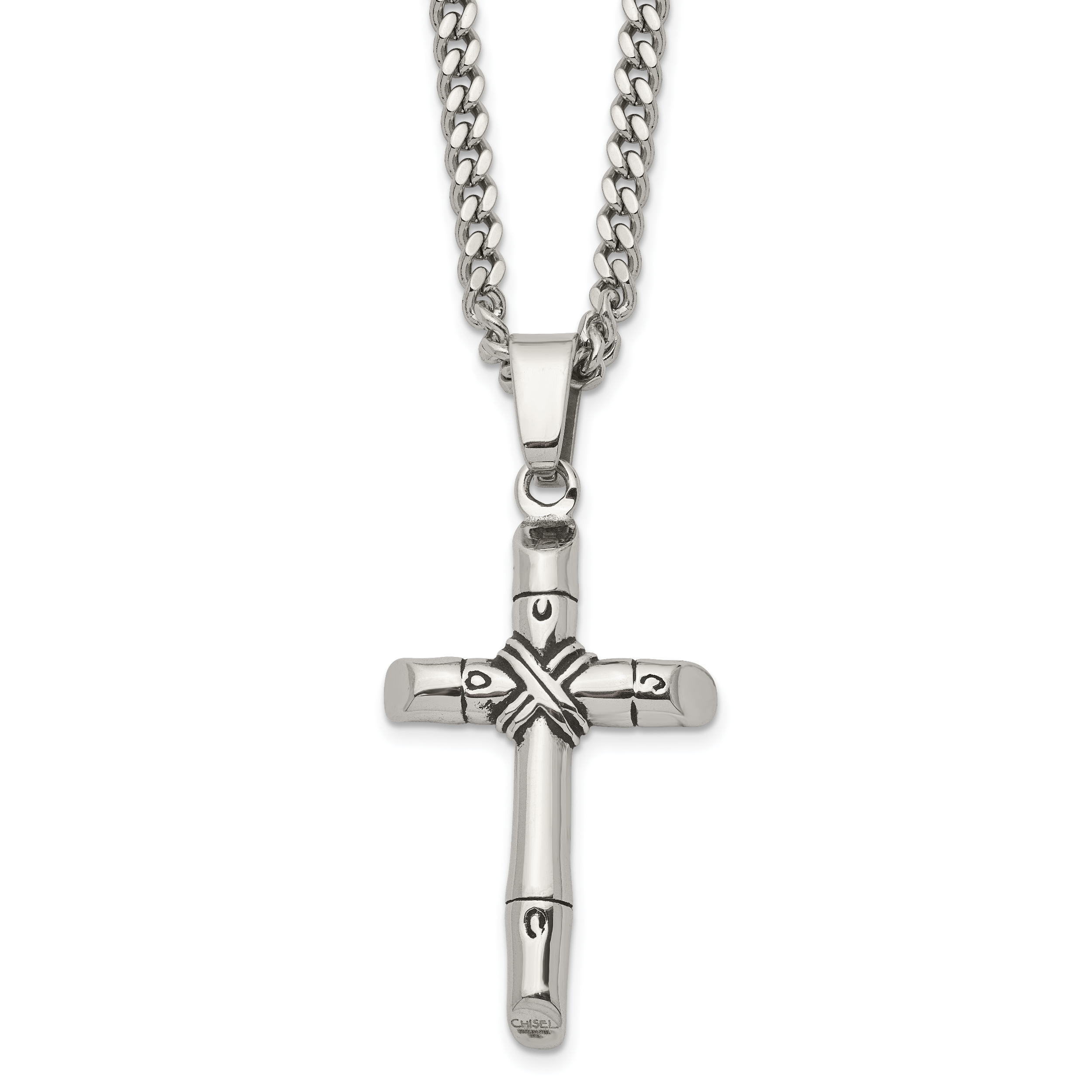 Chisel Stainless Steel Antiqued and Polished Reversible Cross Pendant on a 24 inch Curb Chain Necklace Main image