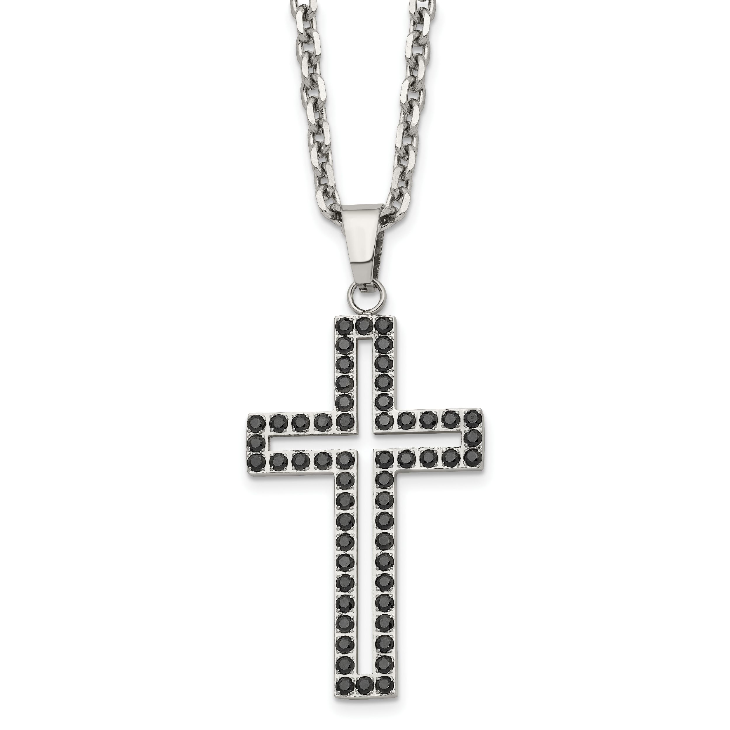 Chisel Stainless Steel Polished Black CZ Cutout Cross Pendant on a 20 inch Cable Chain Necklace Main image