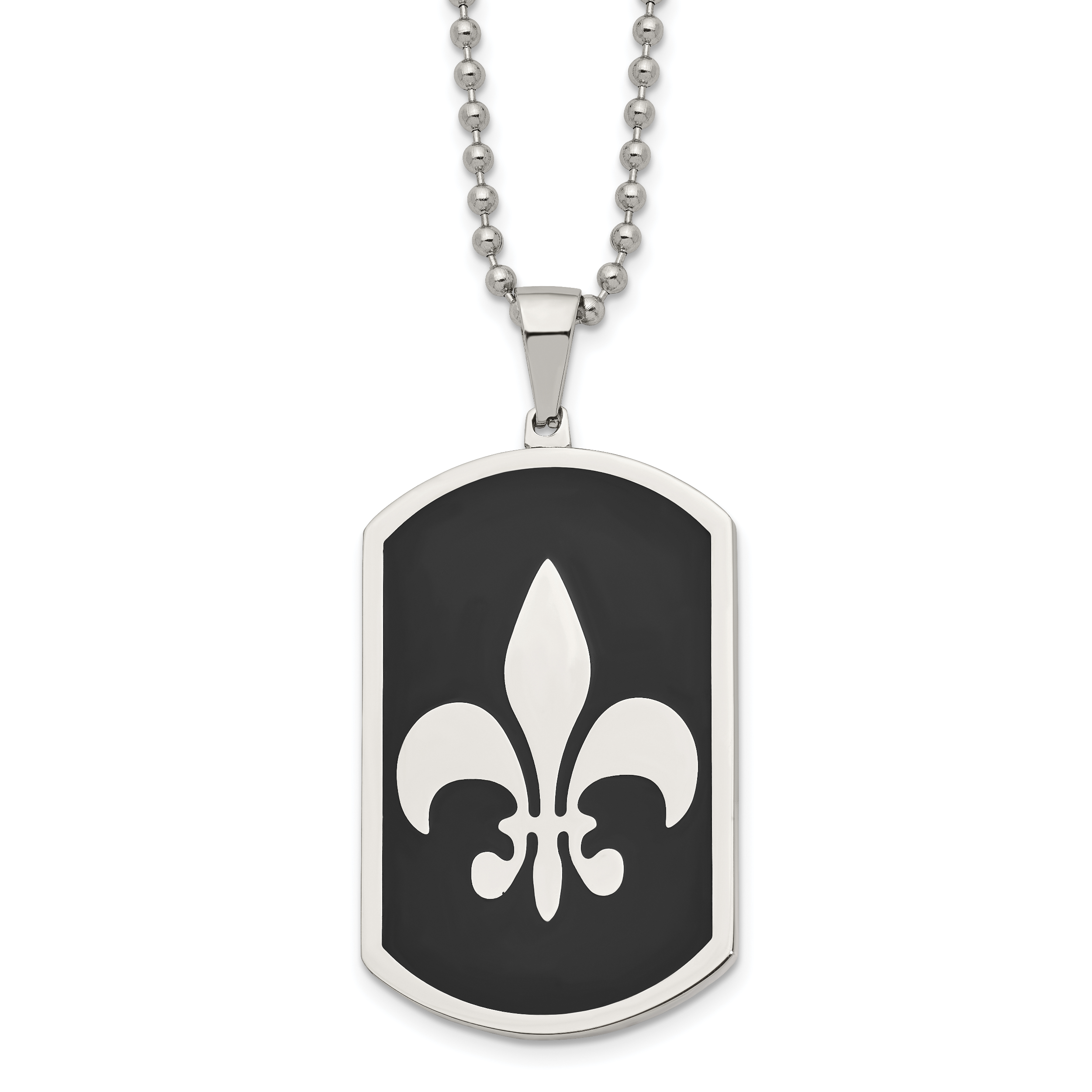 Chisel Stainless Steel Polished Black IP-plated Fleur de lis Dog Tag on a 24 inch Ball Chain Necklace Main image