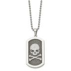 Chisel Stainless Steel Brushed and Polished Laser Cut Skull and Crossbones Dog Tag on a 24 inch Ball Chain Necklace