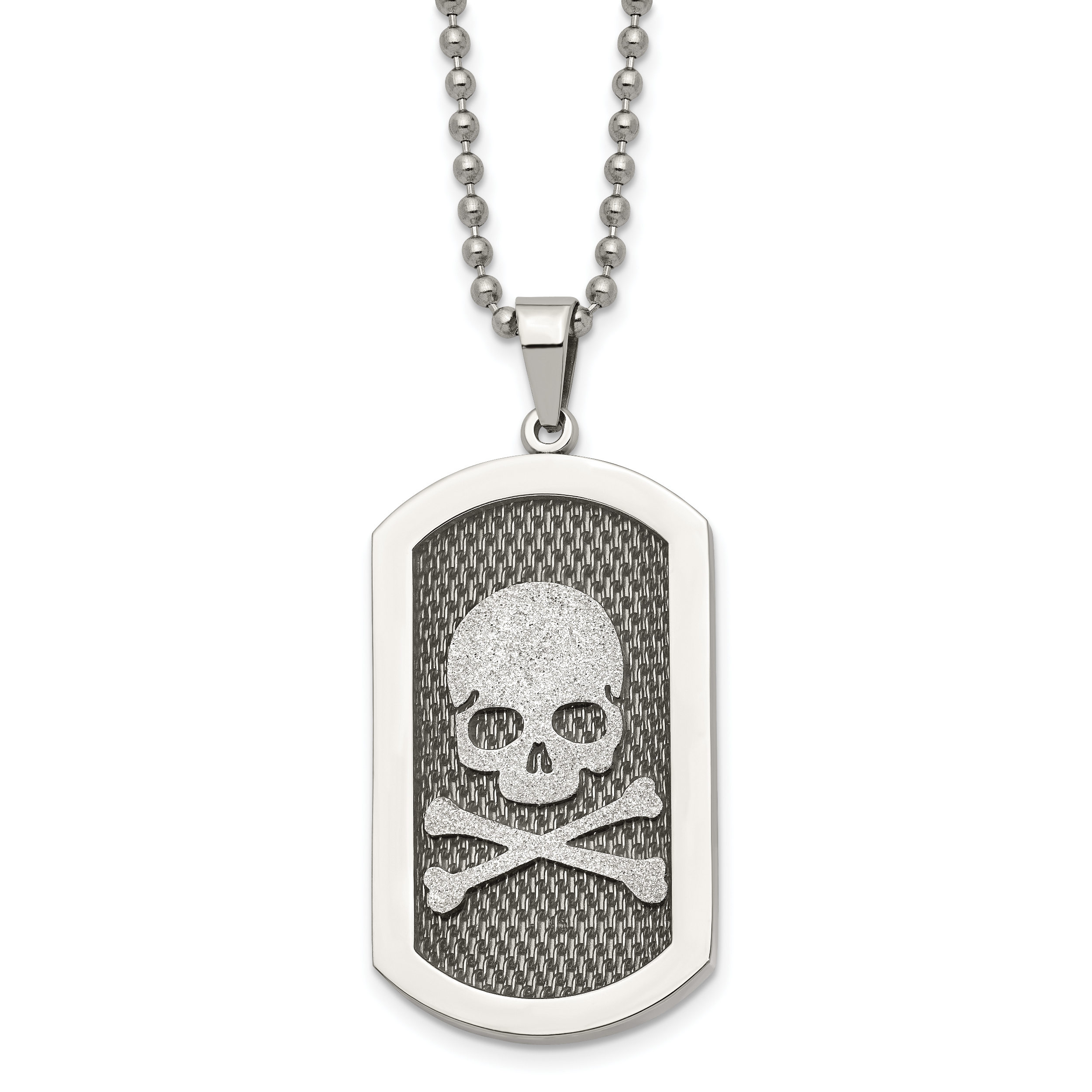 Chisel Stainless Steel Brushed and Polished Laser Cut Skull and Crossbones Dog Tag on a 24 inch Ball Chain Necklace Main image