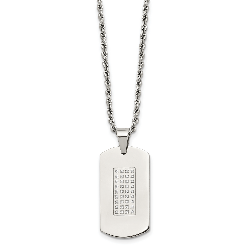 CZ Dog Tag Rope Chain Necklace in Stainless Steel