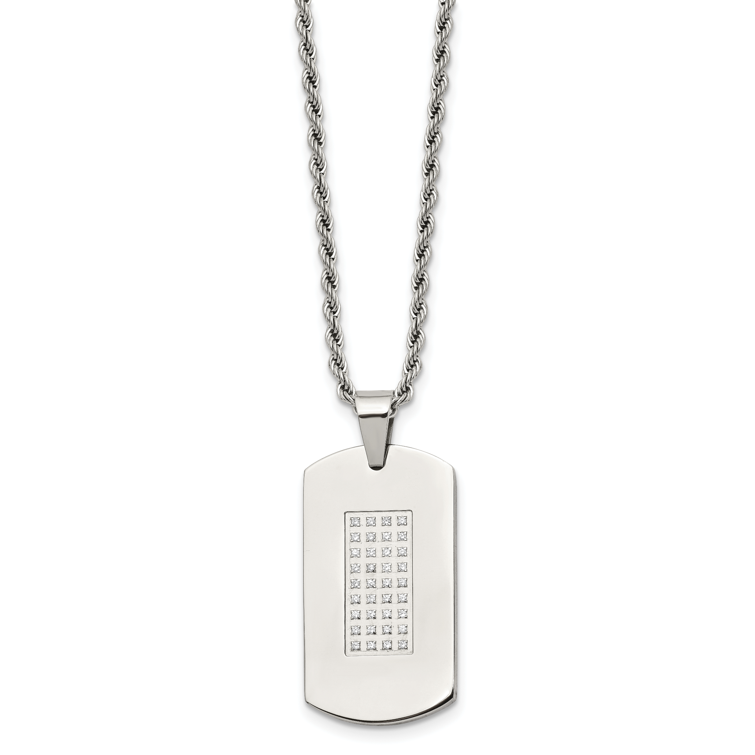 CZ Dog Tag Rope Chain Necklace in Stainless Steel