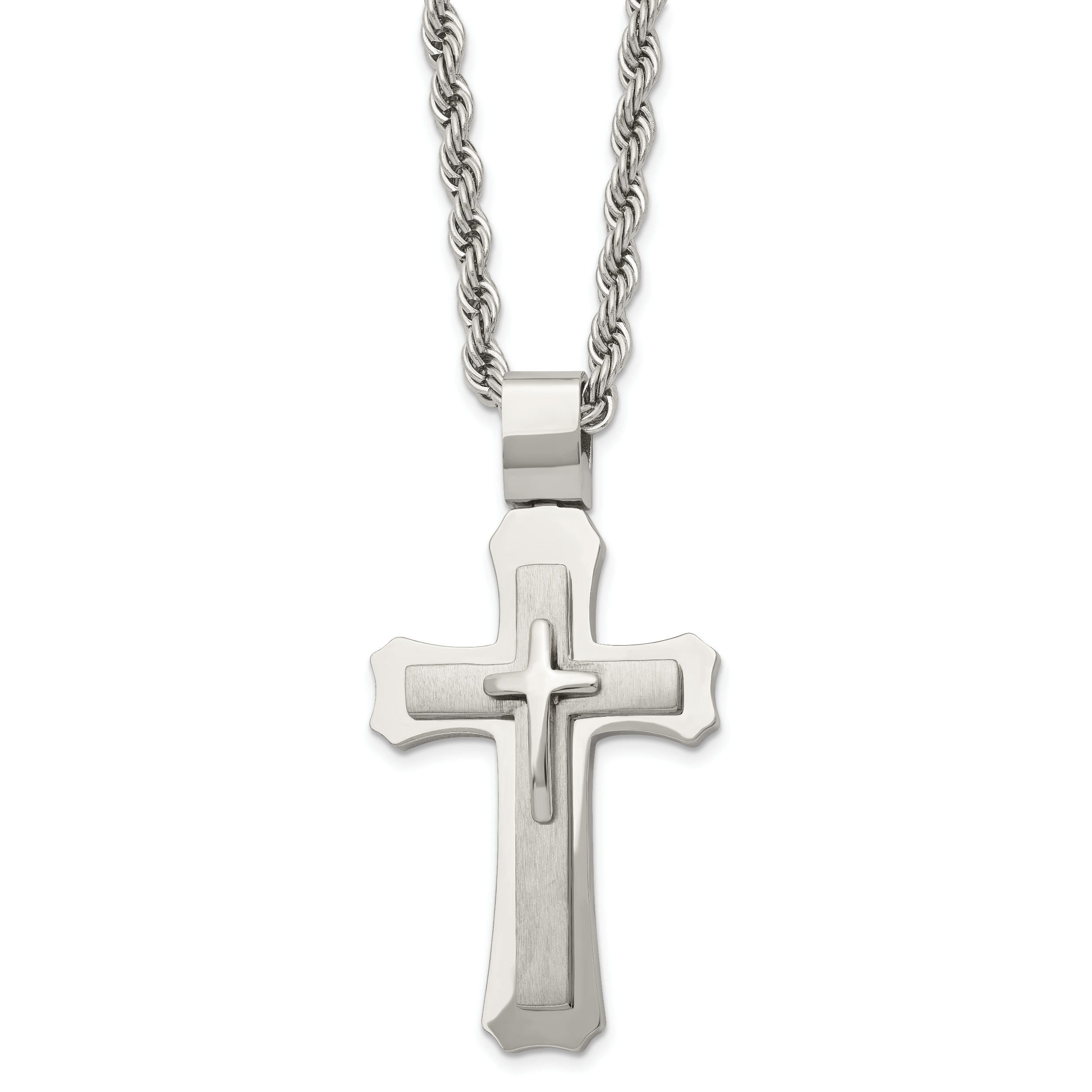 Chisel Stainless Steel Brushed and Polished Triple Layer Cross Pendant on a 24 inch Rope Chain Necklace Main image