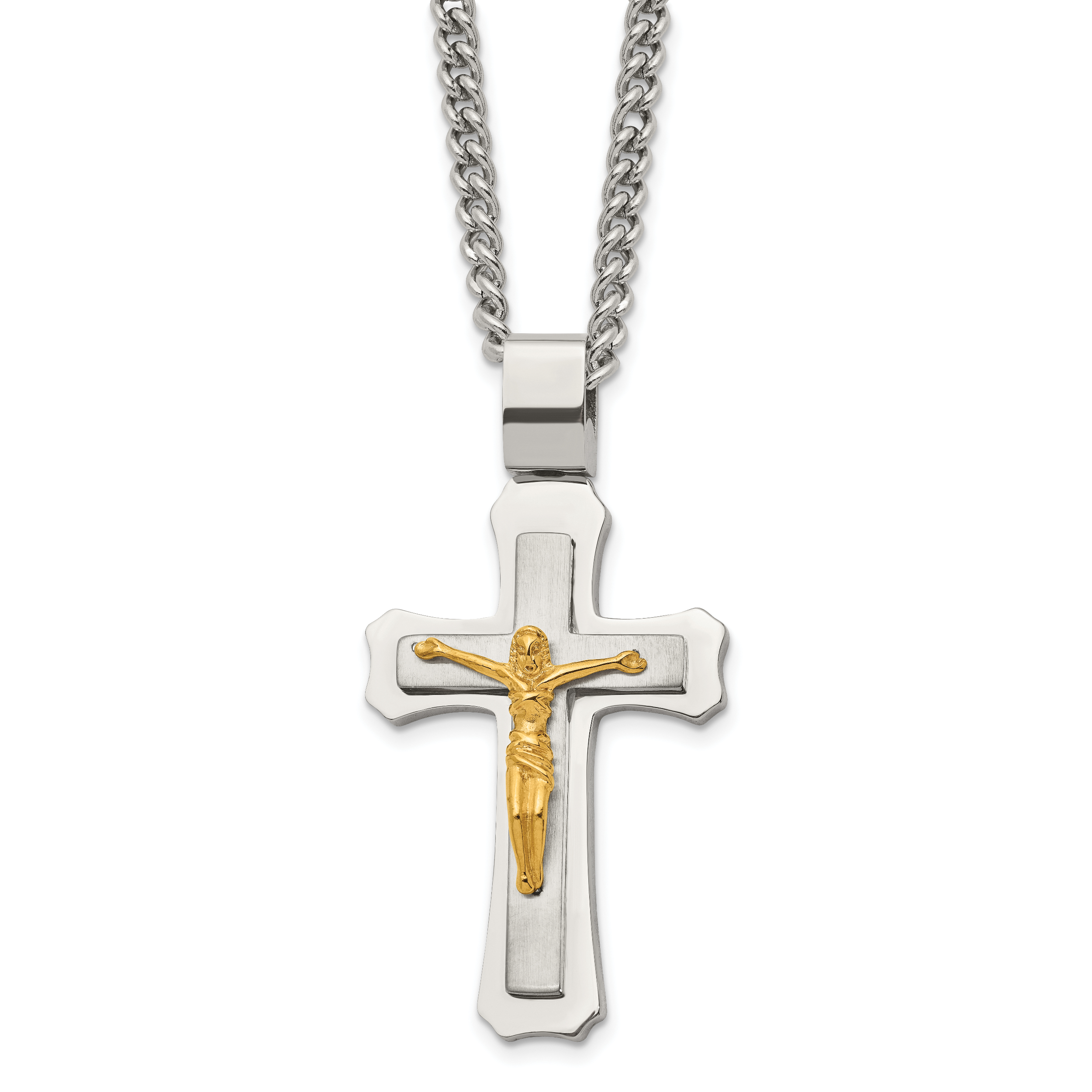 Chisel Stainless Steel Brushed and Polished Yellow IP-plated Crucifix Pendant on a 24 inch Curb Chain Necklace Main image