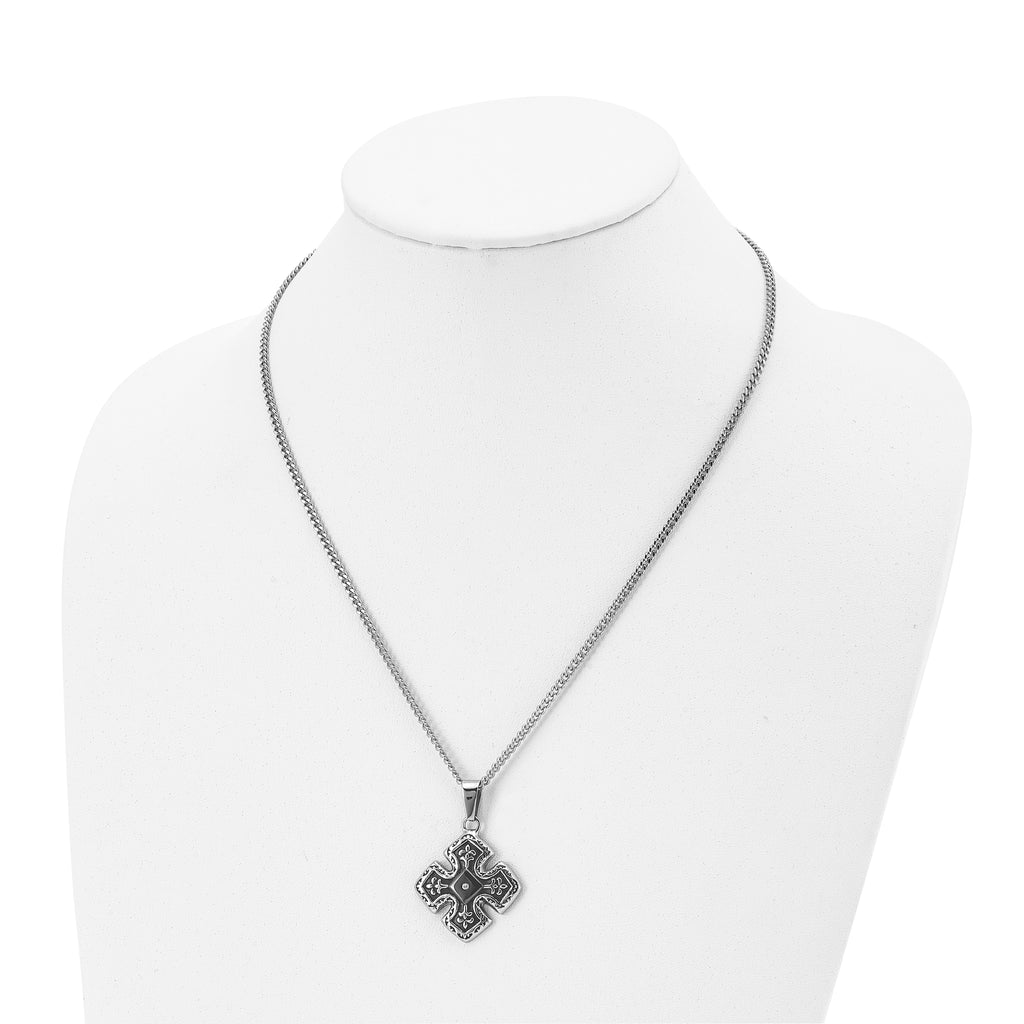 Chisel Stainless Steel Polished Black IP-plated with CZ Celtic Cross Pendant on a 20 inch Curb Chain Necklace