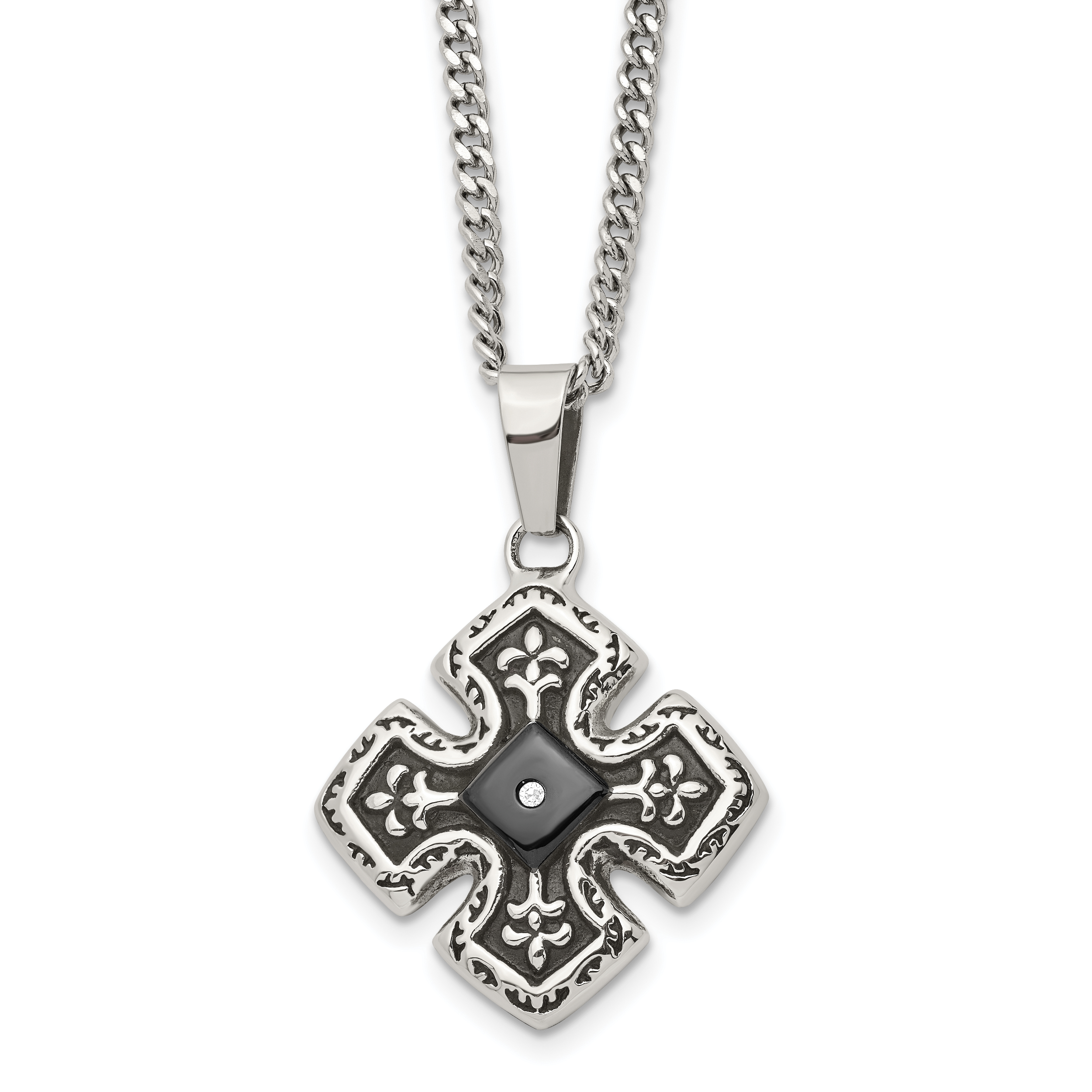 Chisel Stainless Steel Polished Black IP-plated with CZ Celtic Cross Pendant on a 20 inch Curb Chain Necklace Main image