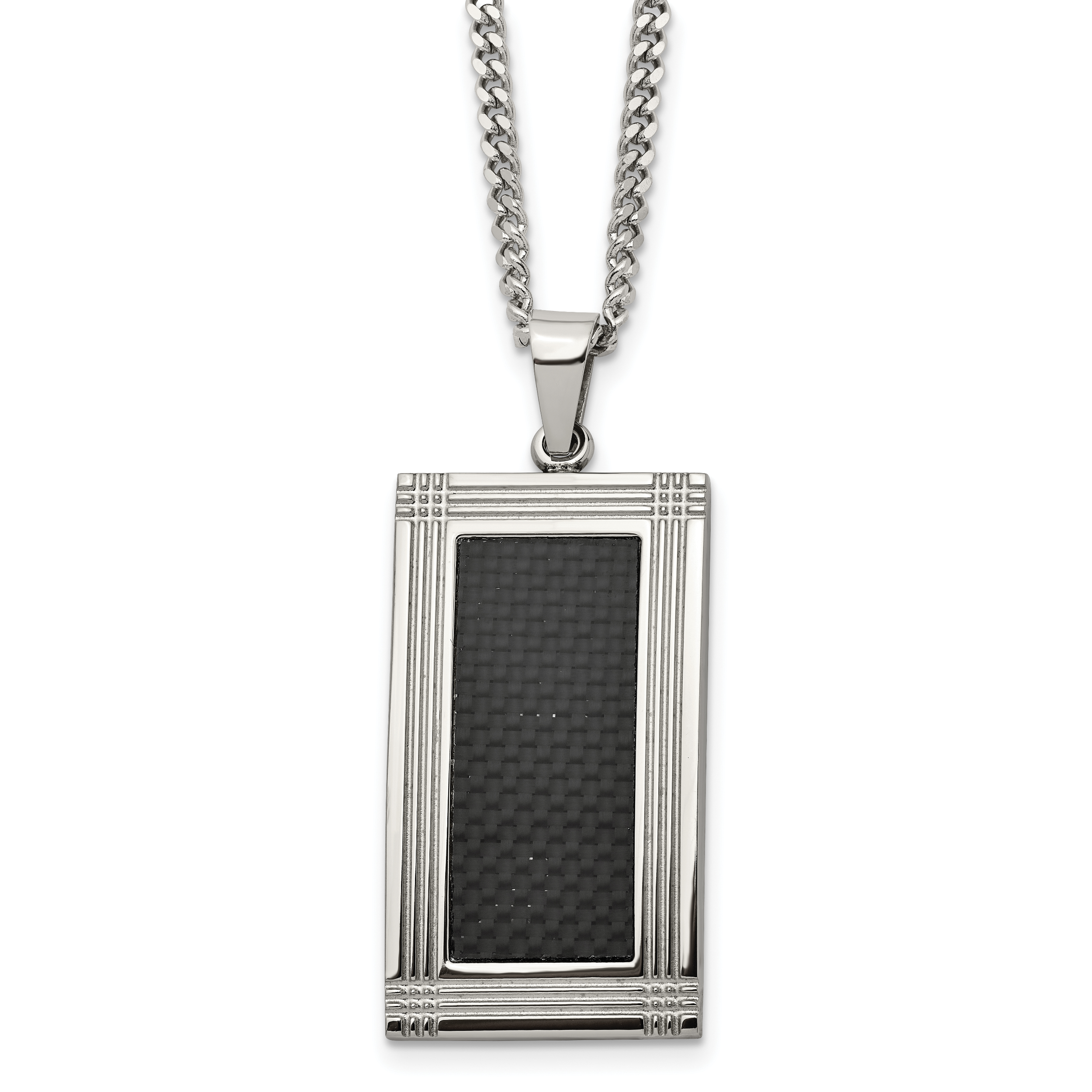 Chisel Stainless Steel Polished Grooved Black Carbon Fiber Inlay Rectangle Dog Tag on a 24 inch Curb Chain Necklace Main image