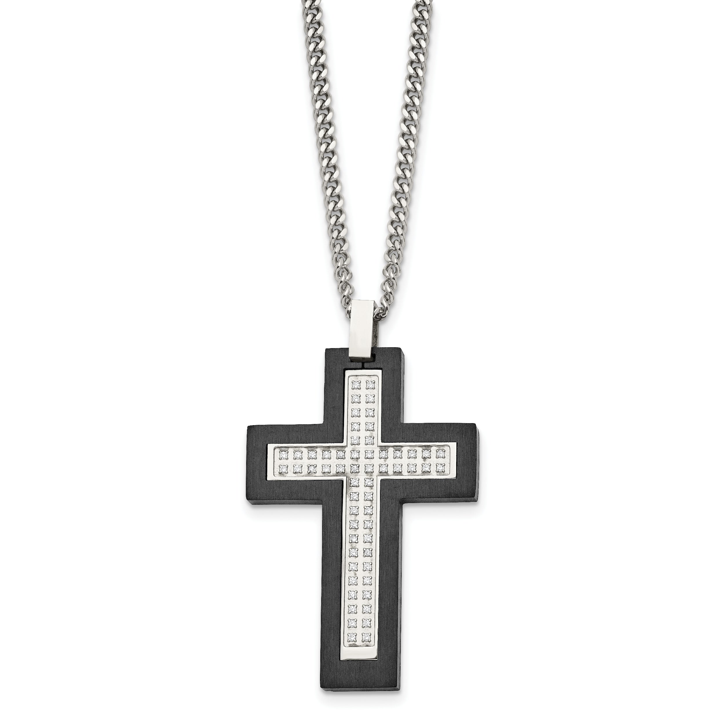 Chisel Stainless Steel Brushed and Polished Black IP -plated Edges CZ Cross Pendant on a 24 inch Cable Chain Necklace