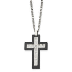 Chisel Stainless Steel Brushed and Polished Black IP -plated Edges CZ Cross Pendant on a 24 inch Cable Chain Necklace