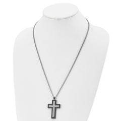 Chisel Stainless Steel Brushed and Polished Black IP -plated Edges CZ Cross Pendant on a 24 inch Cable Chain Necklace