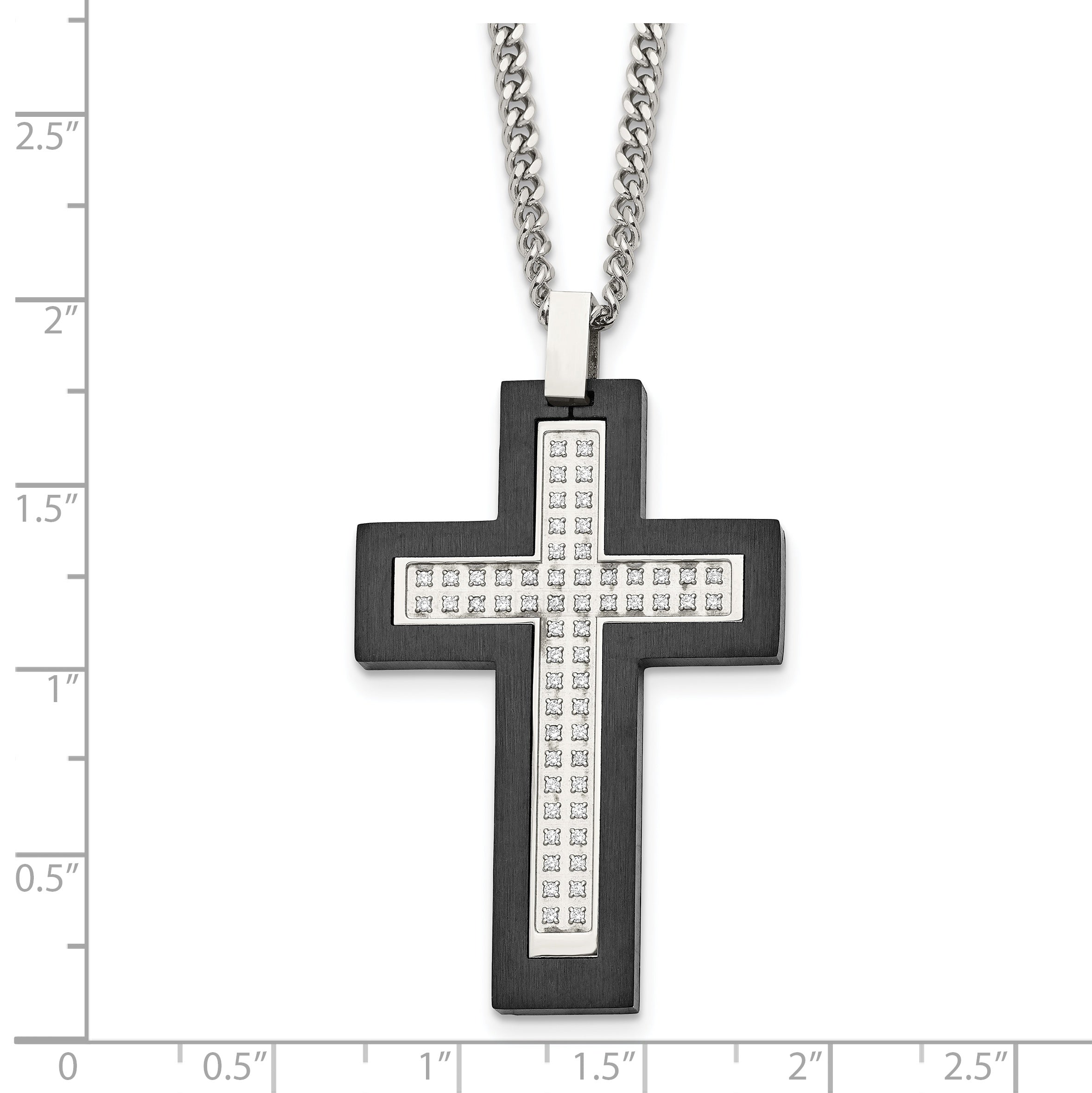 Chisel Stainless Steel Brushed and Polished Black IP -plated Edges CZ Cross Pendant on a 24 inch Cable Chain Necklace