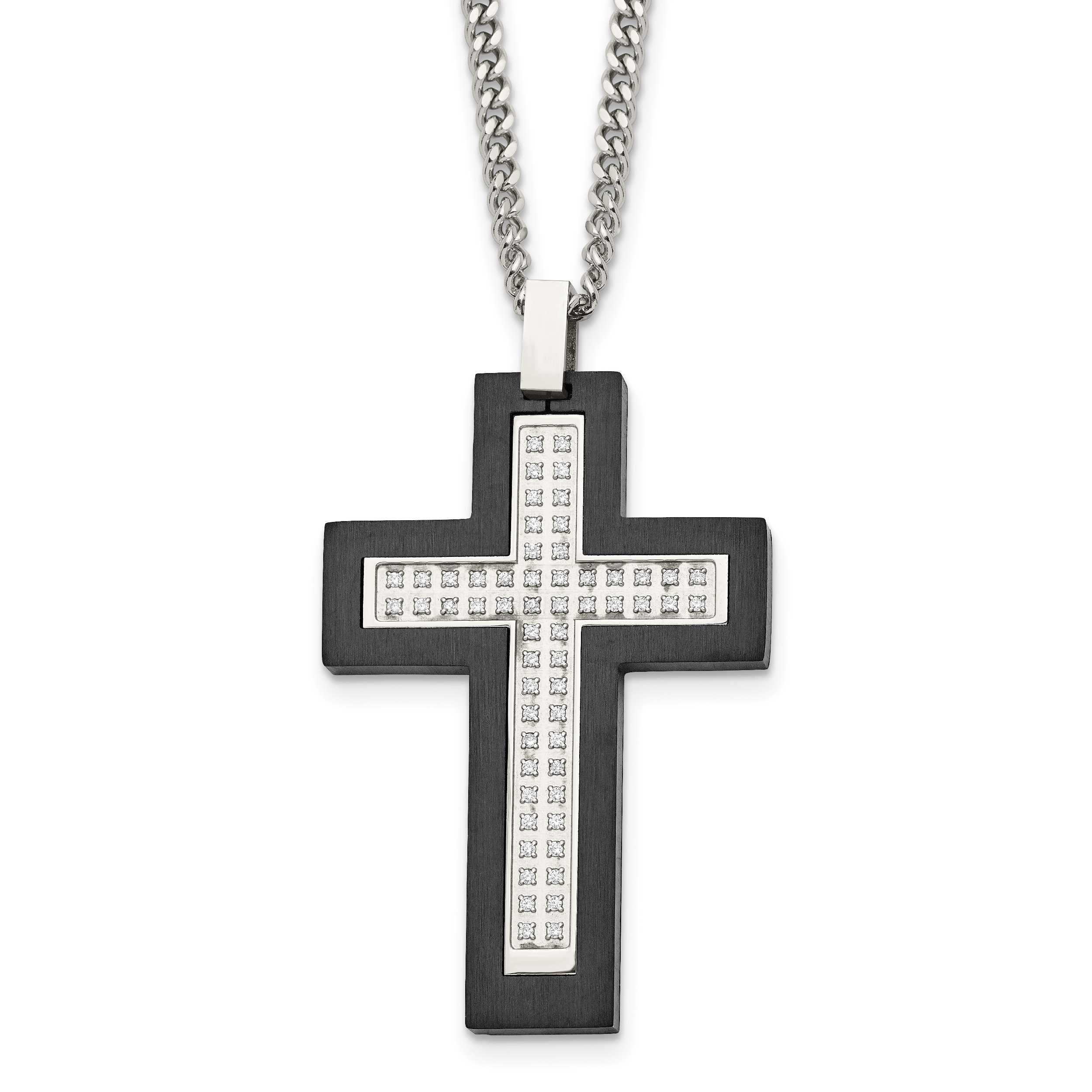 Chisel Stainless Steel Brushed and Polished Black IP -plated Edges CZ Cross Pendant on a 24 inch Cable Chain Necklace Main image