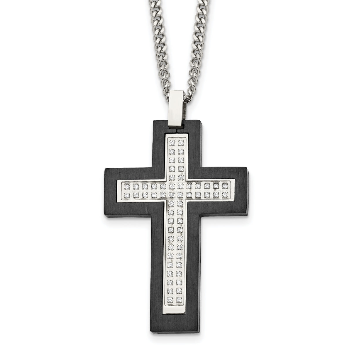 Chisel Stainless Steel Brushed and Polished Black IP -plated Edges CZ Cross Pendant on a 24 inch Cable Chain Necklace