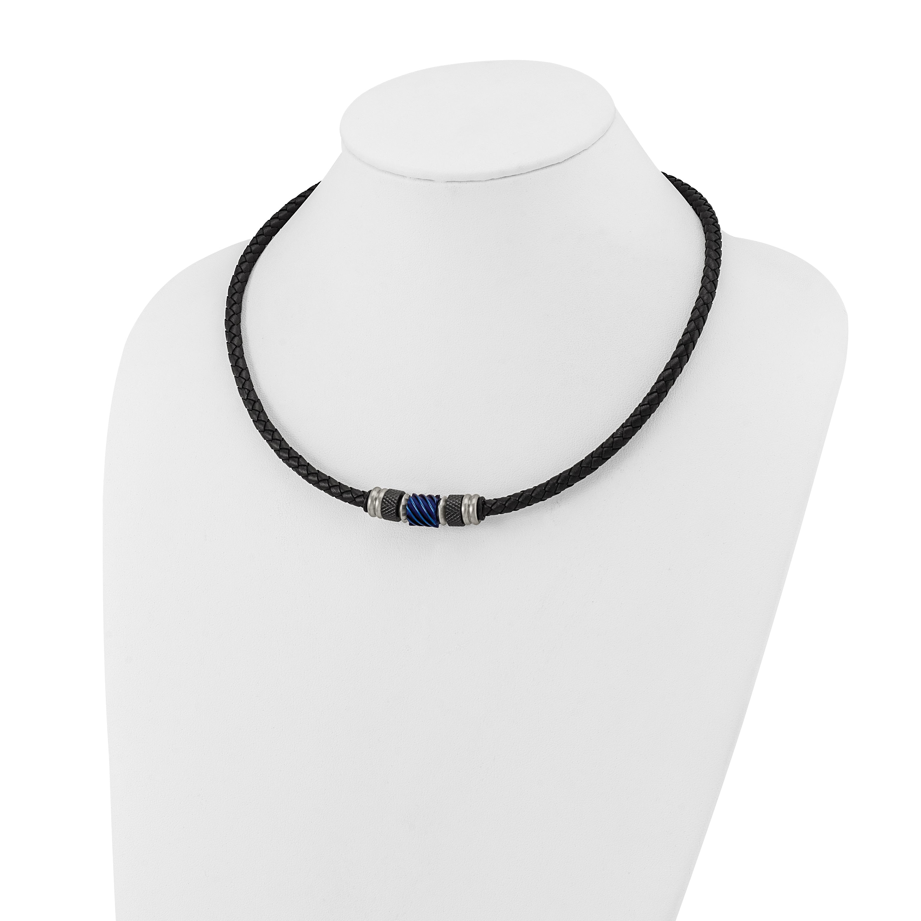 Chisel Stainless Steel Brushed and Polished Black and Blue IP-plated Black Rubber 20 inch Leather Necklace