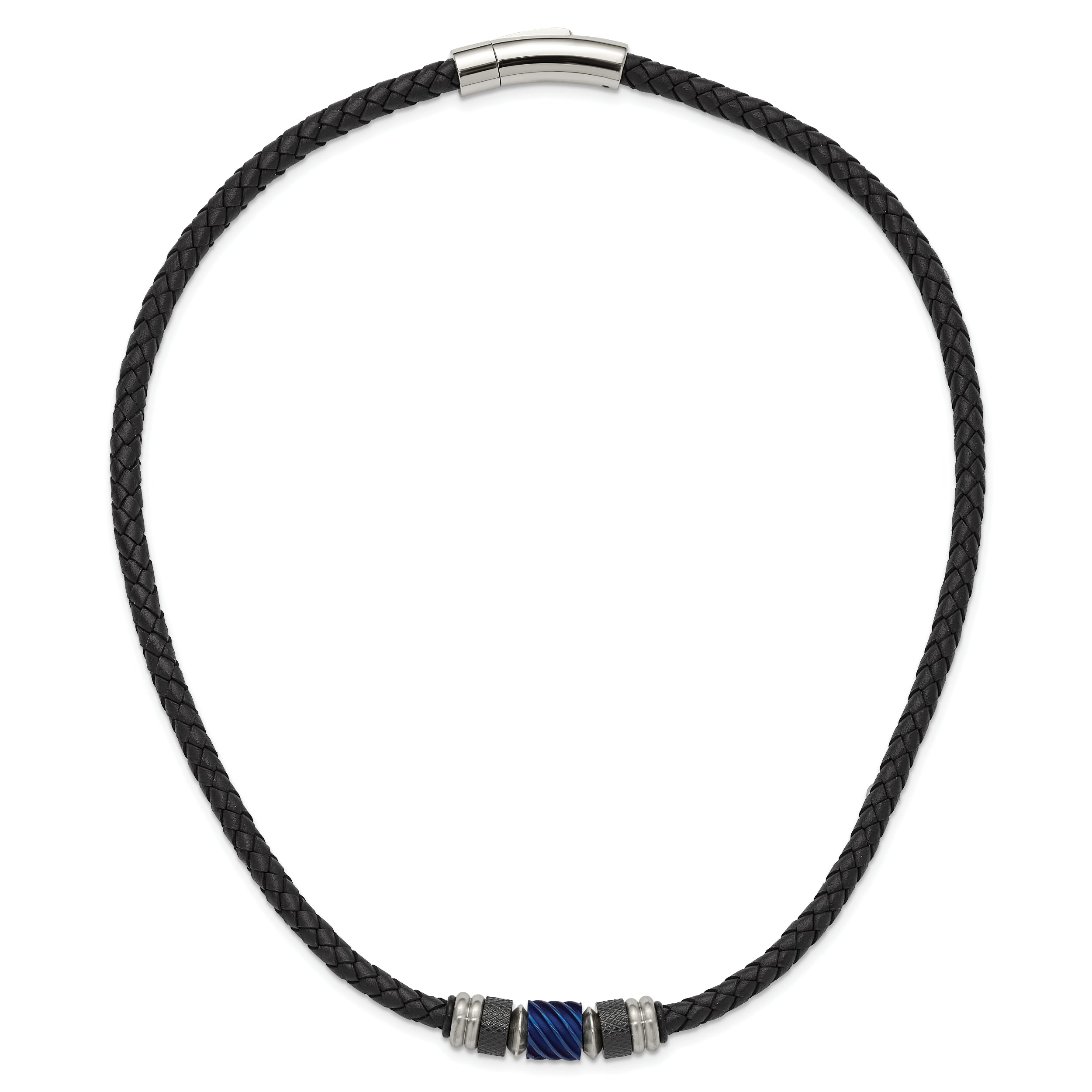 Chisel Stainless Steel Brushed and Polished Black and Blue IP-plated Black Rubber 20 inch Leather Necklace