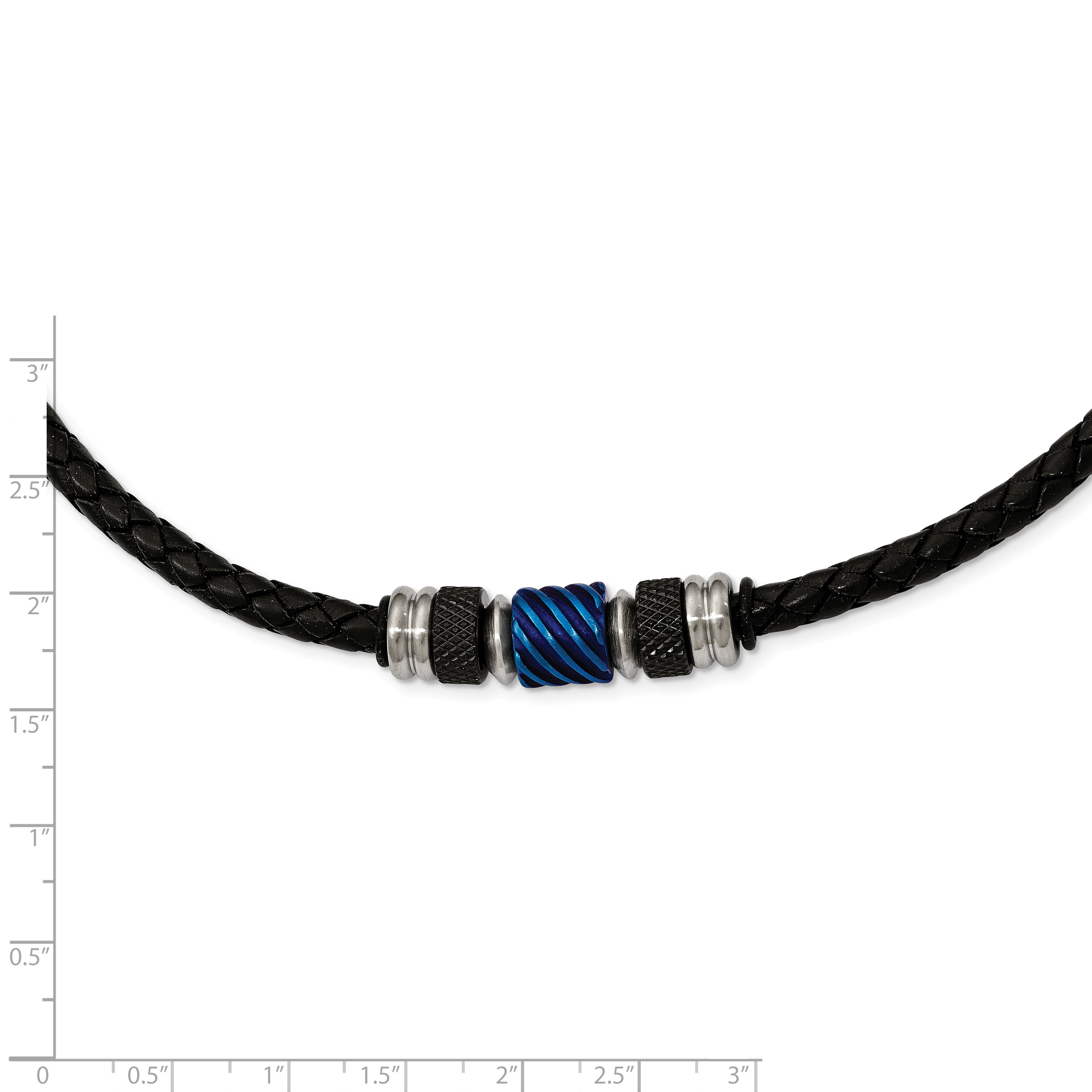 Chisel Stainless Steel Brushed and Polished Black and Blue IP-plated Black Rubber 20 inch Leather Necklace