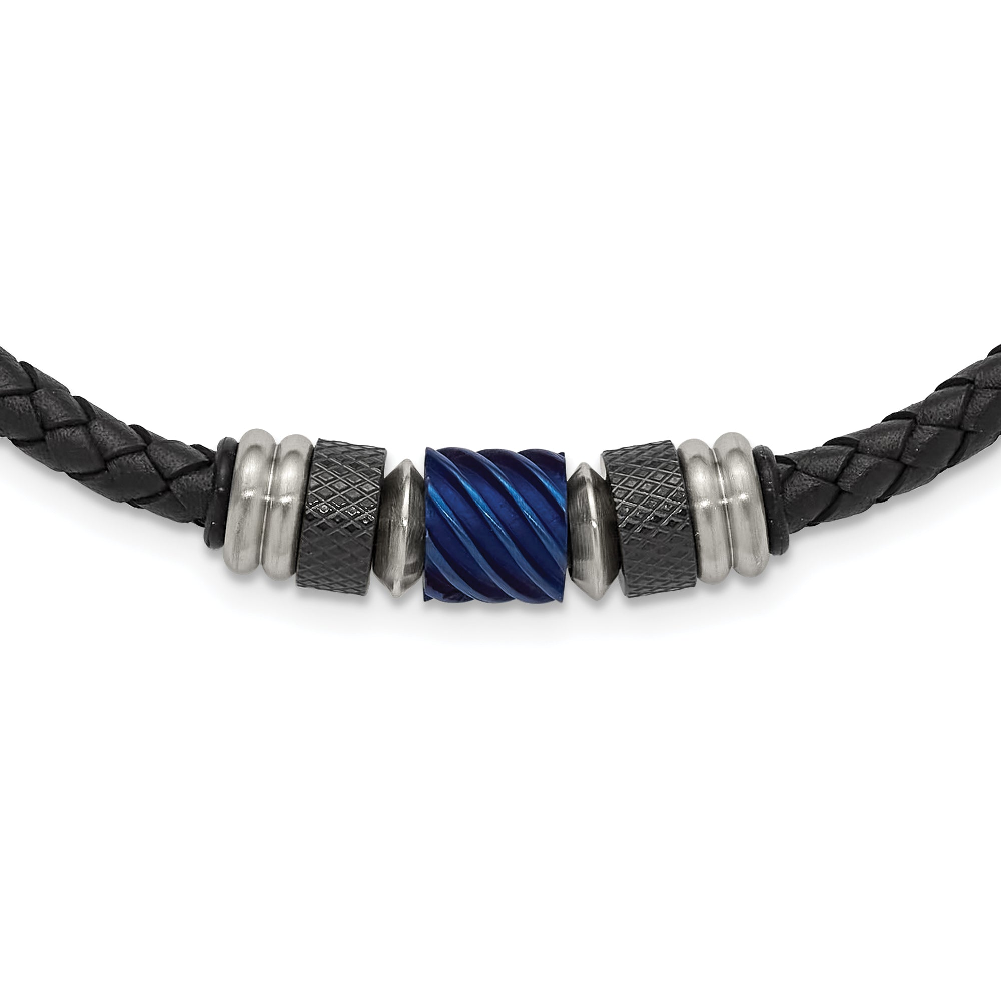 Chisel Stainless Steel Brushed and Polished Black and Blue IP-plated Black Rubber 20 inch Leather Necklace Main image