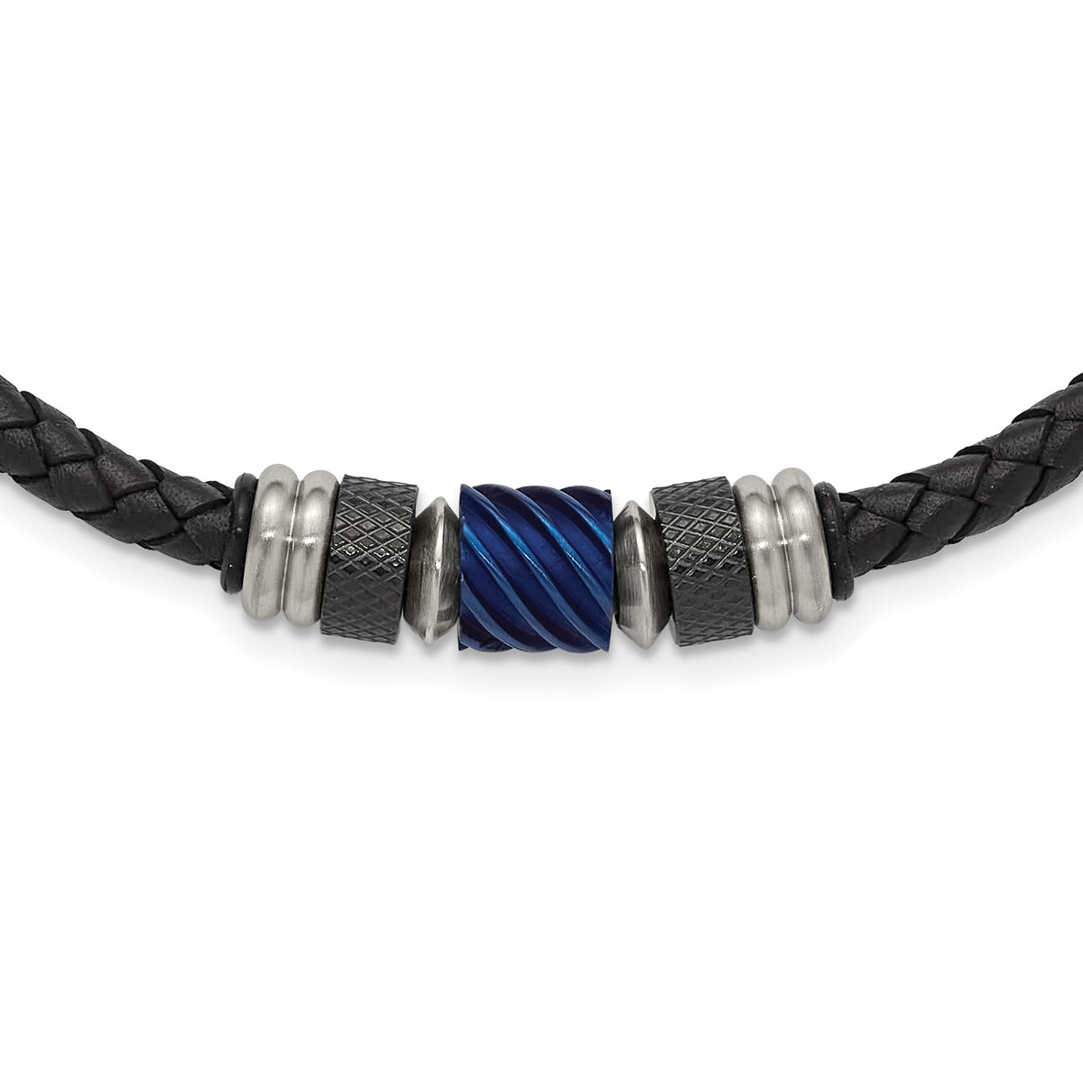 Chisel Stainless Steel Brushed and Polished Black and Blue IP-plated Black Rubber 20 inch Leather Necklace