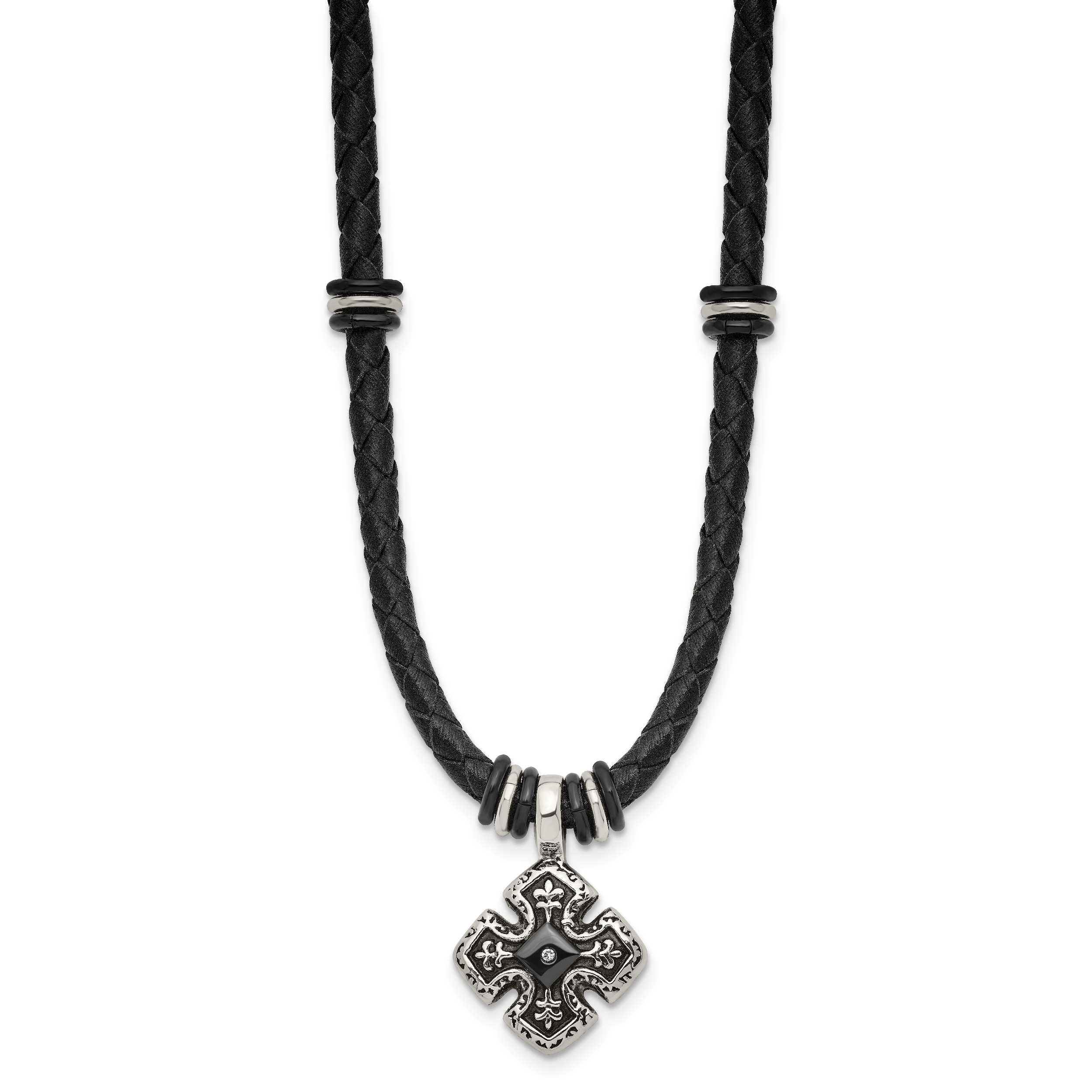 Chisel Stainless Steel Polished Black IP-plated with CZ Black Leather 21 inch Necklace Secondary image