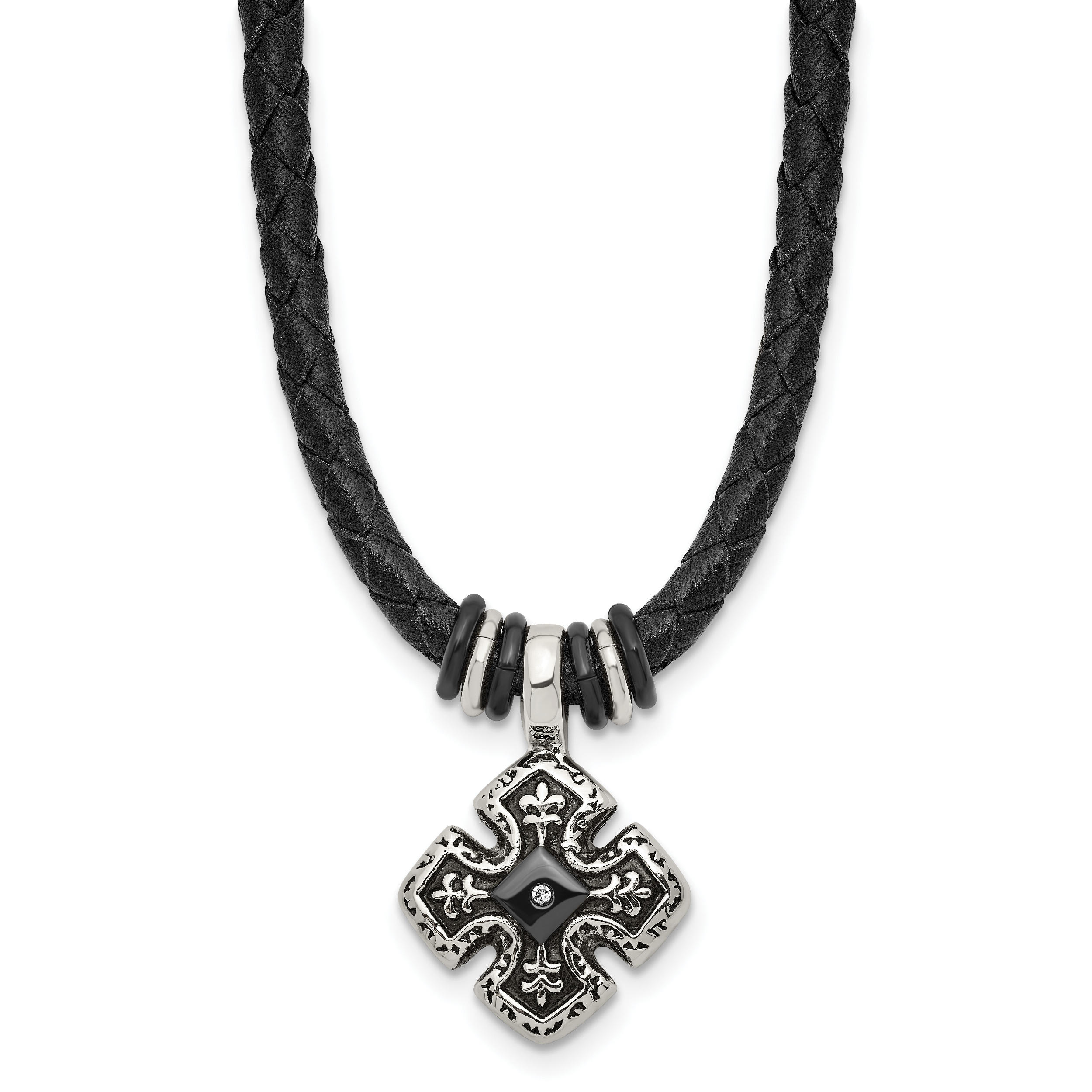 Chisel Stainless Steel Polished Black IP-plated with CZ Black Leather 21 inch Necklace Main image