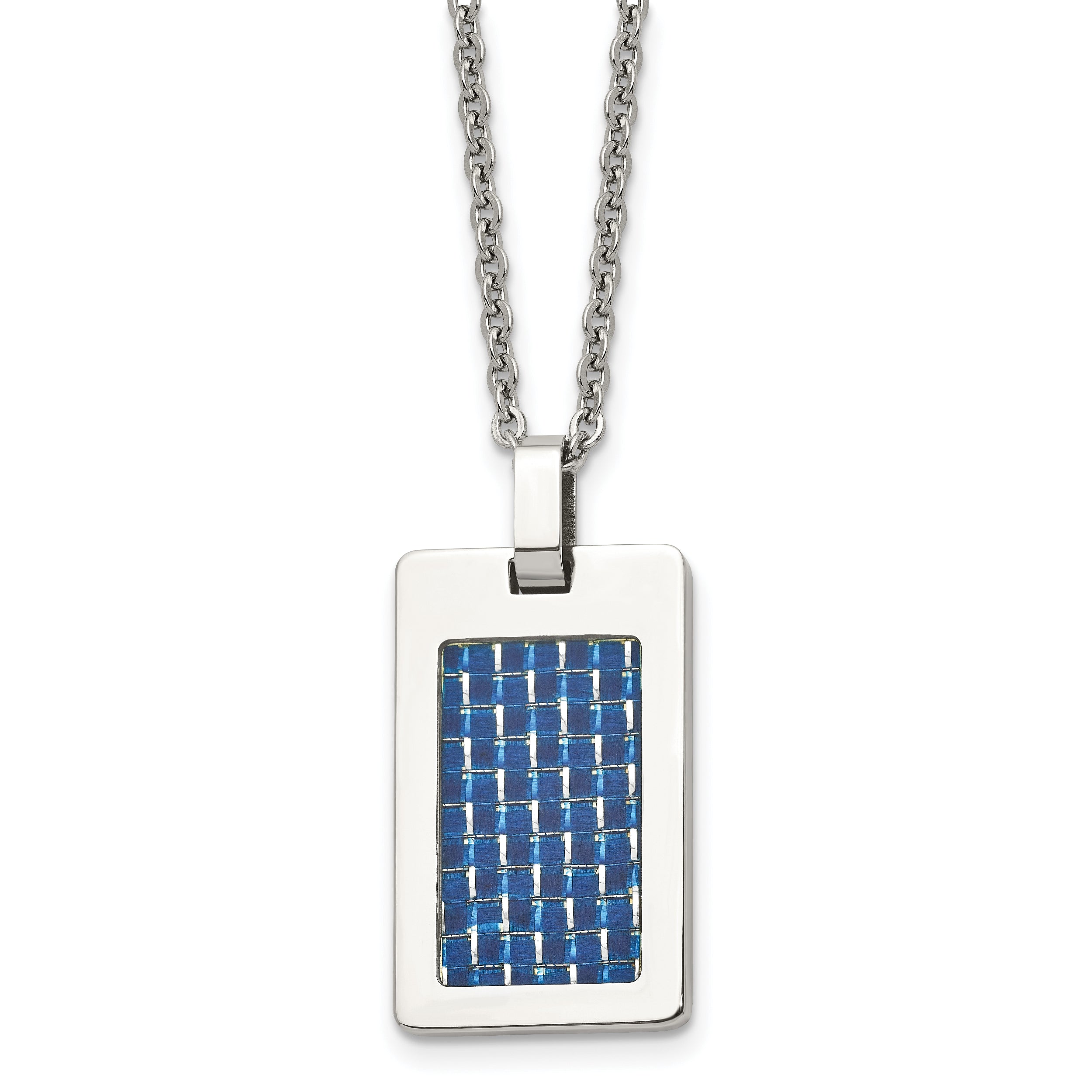 Chisel Stainless Steel Polished with Blue Carbon Fiber Inlay Rectangle Dog Tag on a 22 inch Cable Chain Necklace